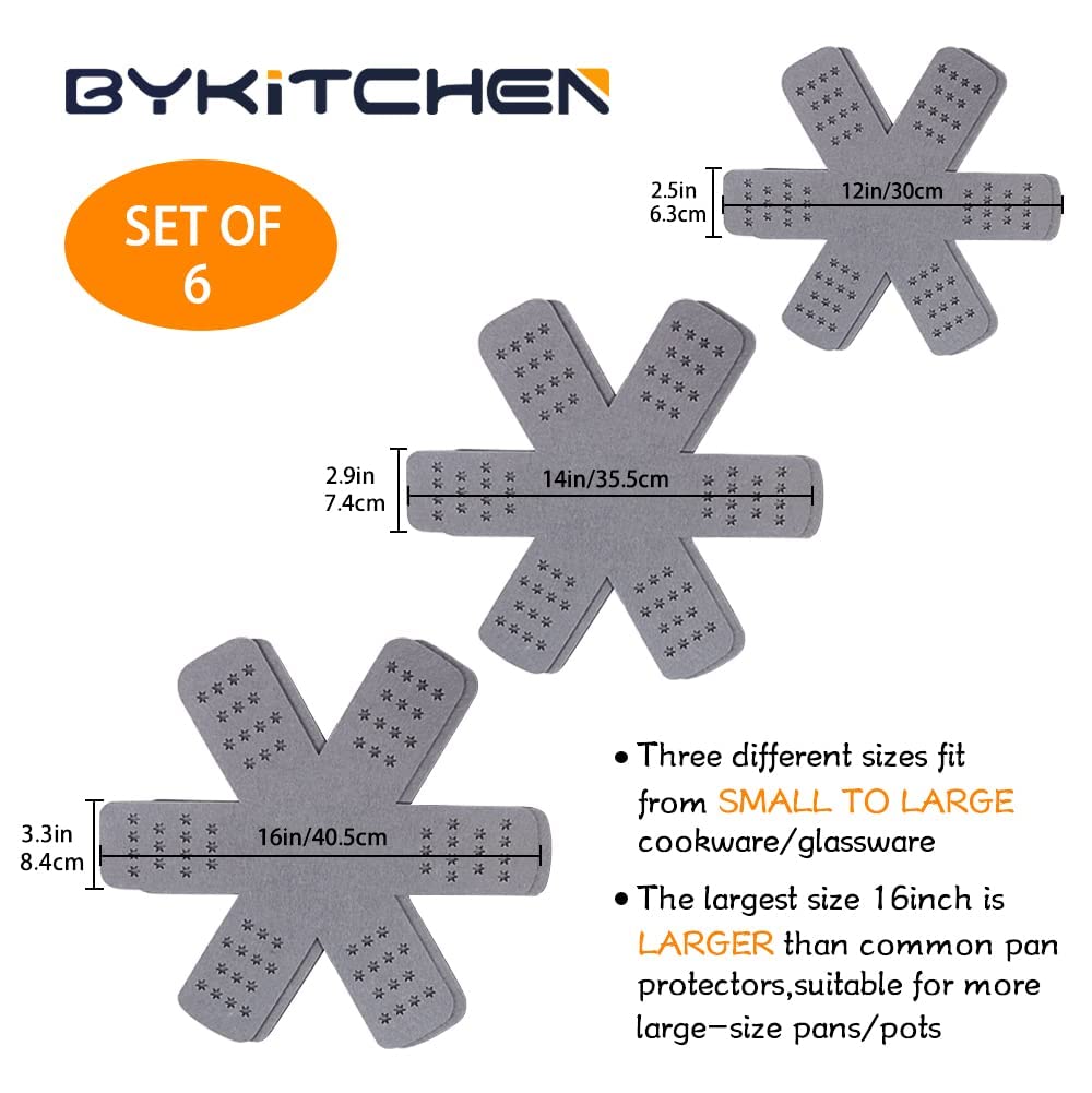 Bykitchen Pan And Pot Protectors, Larger & Thicker Pan Protectors With Stars, Set Of 6 And 3 Different Sizes, Pot Protectors For