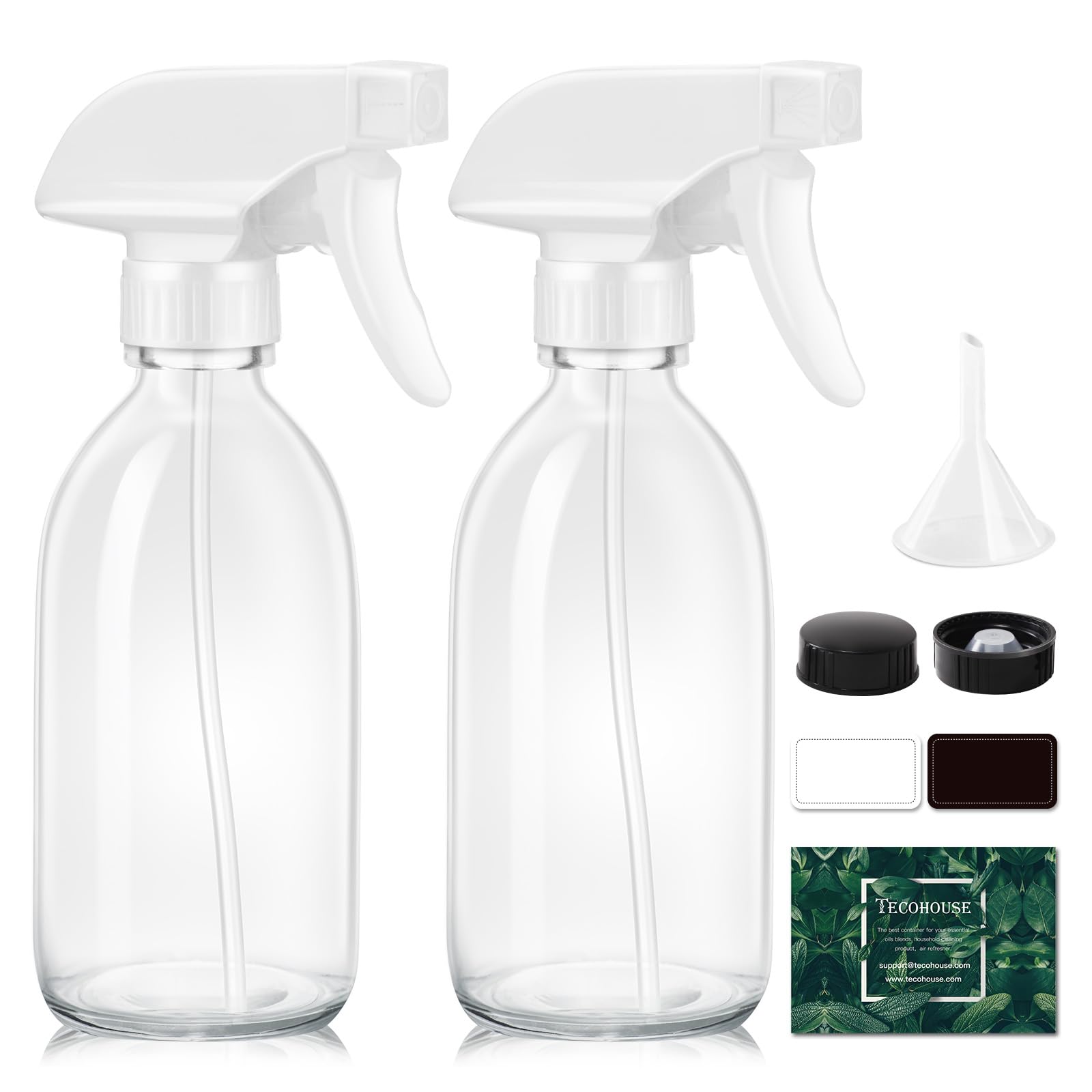 Tecohouse Glass Spray Bottle 8 Oz, Clear Small Empty Refillable Sprayer Container With Labels, Funnel, Lids, Graduated Pipettes