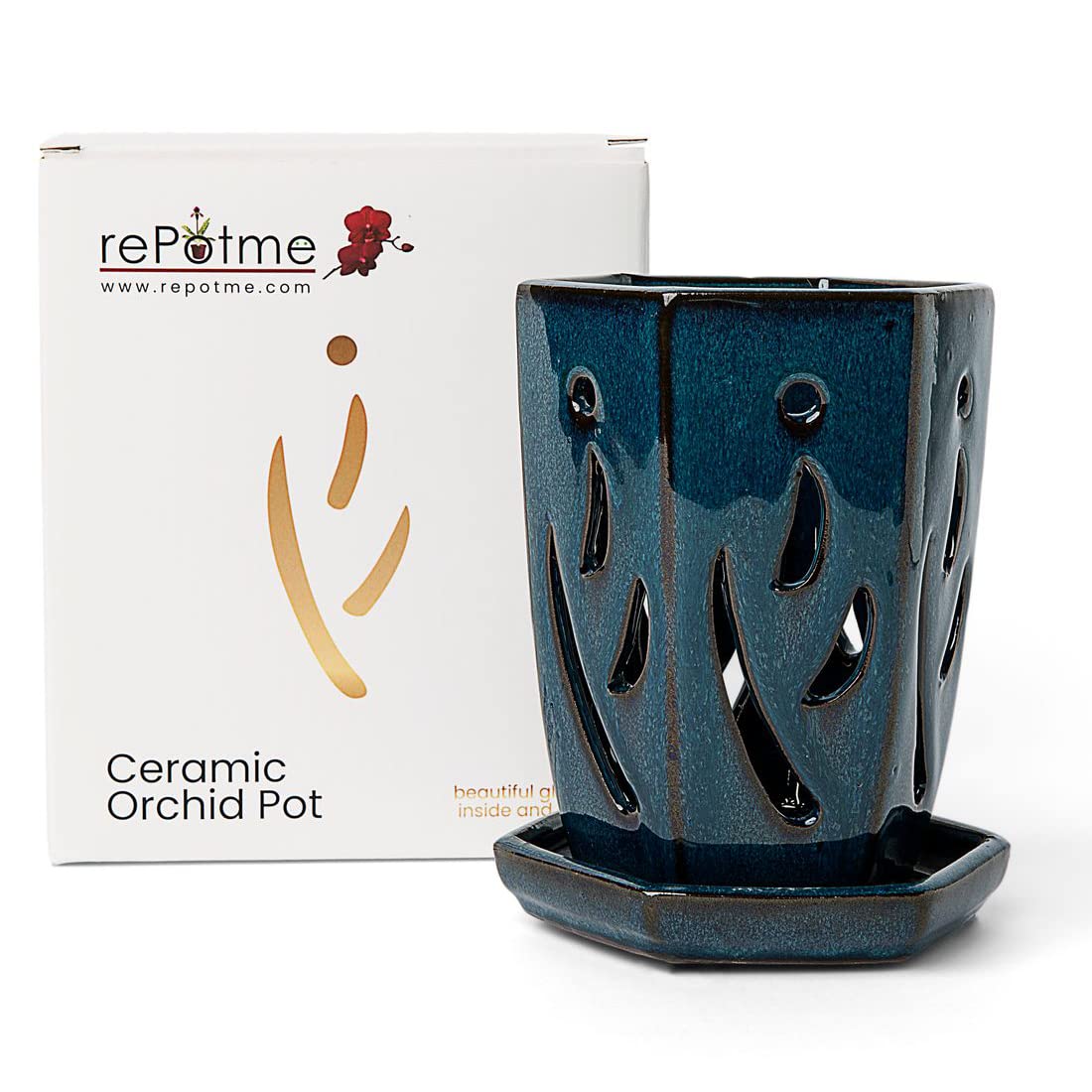 Repotme 4 X 6 Inch Ceramic Orchid Pot (Teal Jade) - Hexagon Orchid Pot With Holes