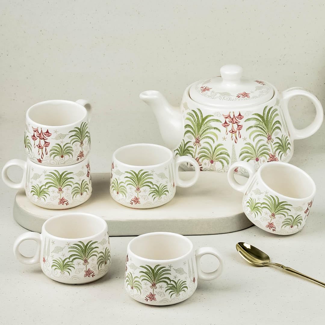 The Earth Store Tropical Handcrafted Ceramic Cup Set With Kettle Microwave And Dishwasher Safe 6 Tea Cups, 1 Kettle | Tea Cup Se