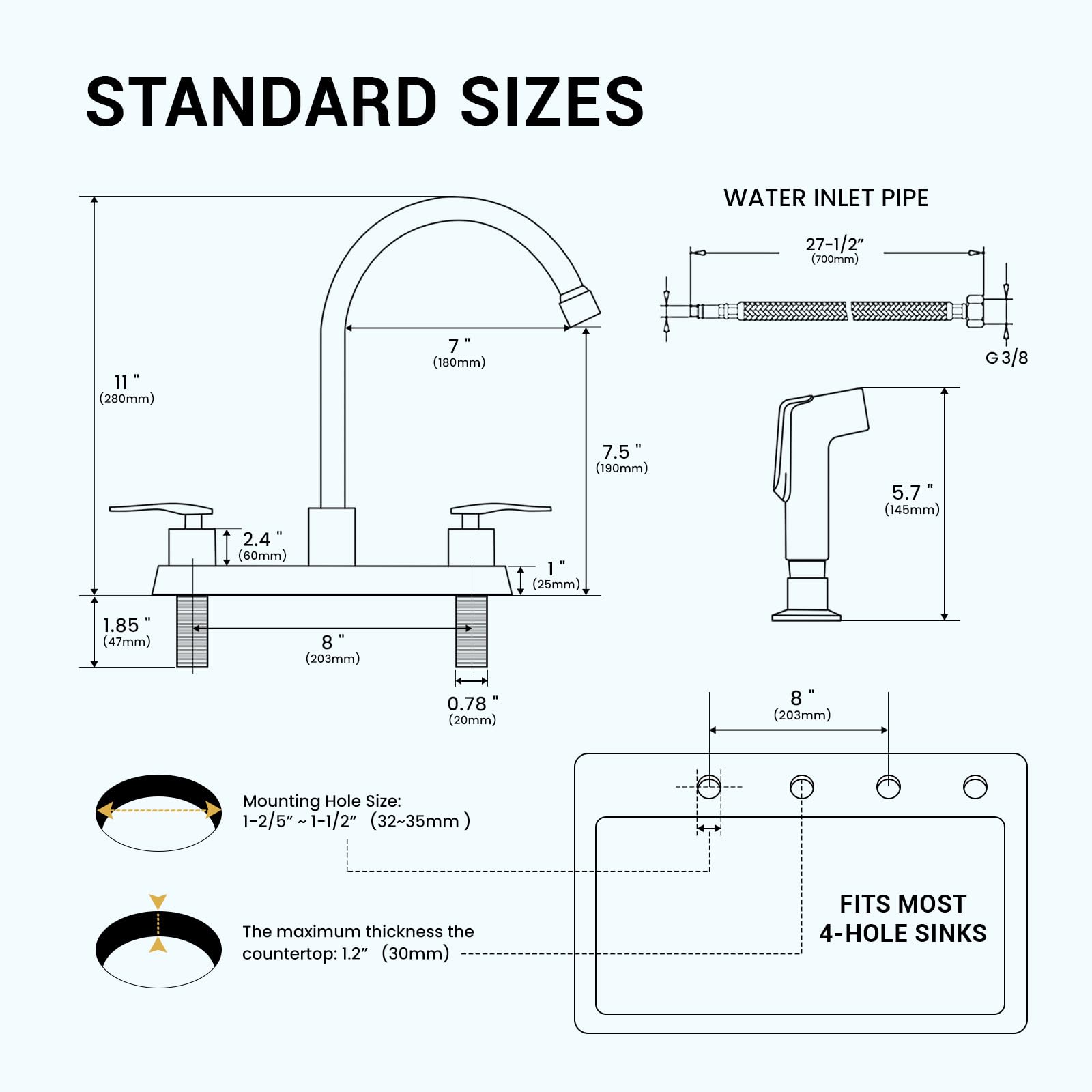 Blylund Kitchen Faucet With Side Sprayer, Brushed Nickel High Arc 8 Inch Centerset 2 Handles Stainless Steel Kitchen Sink Faucet