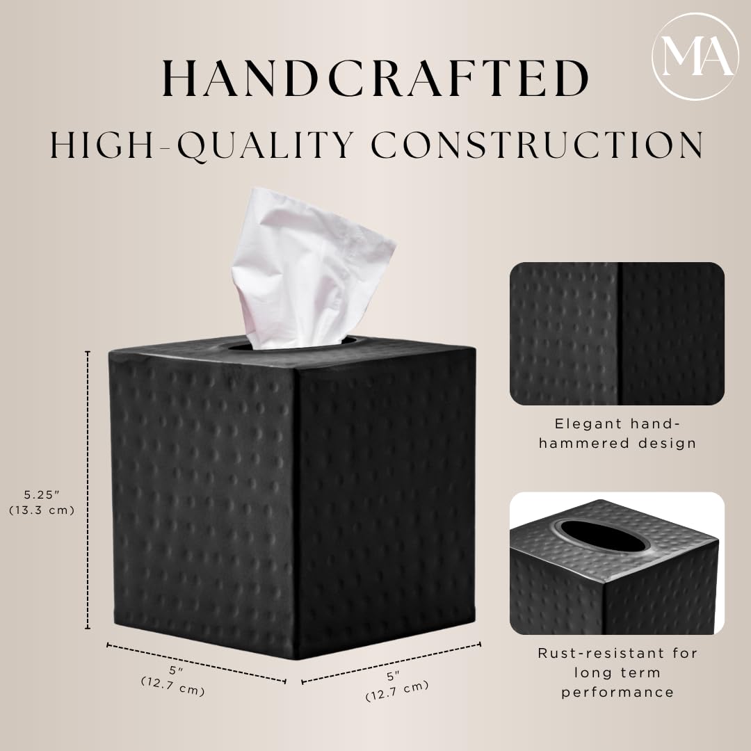 Monarch Abode 19127 Hand Hammered Tissue Box Square Cover Holder and Dispenser  Metal Dresser Accessories for Home and Office Bathroom Decor Vanity  Decorative Tissue Box Holder  Black