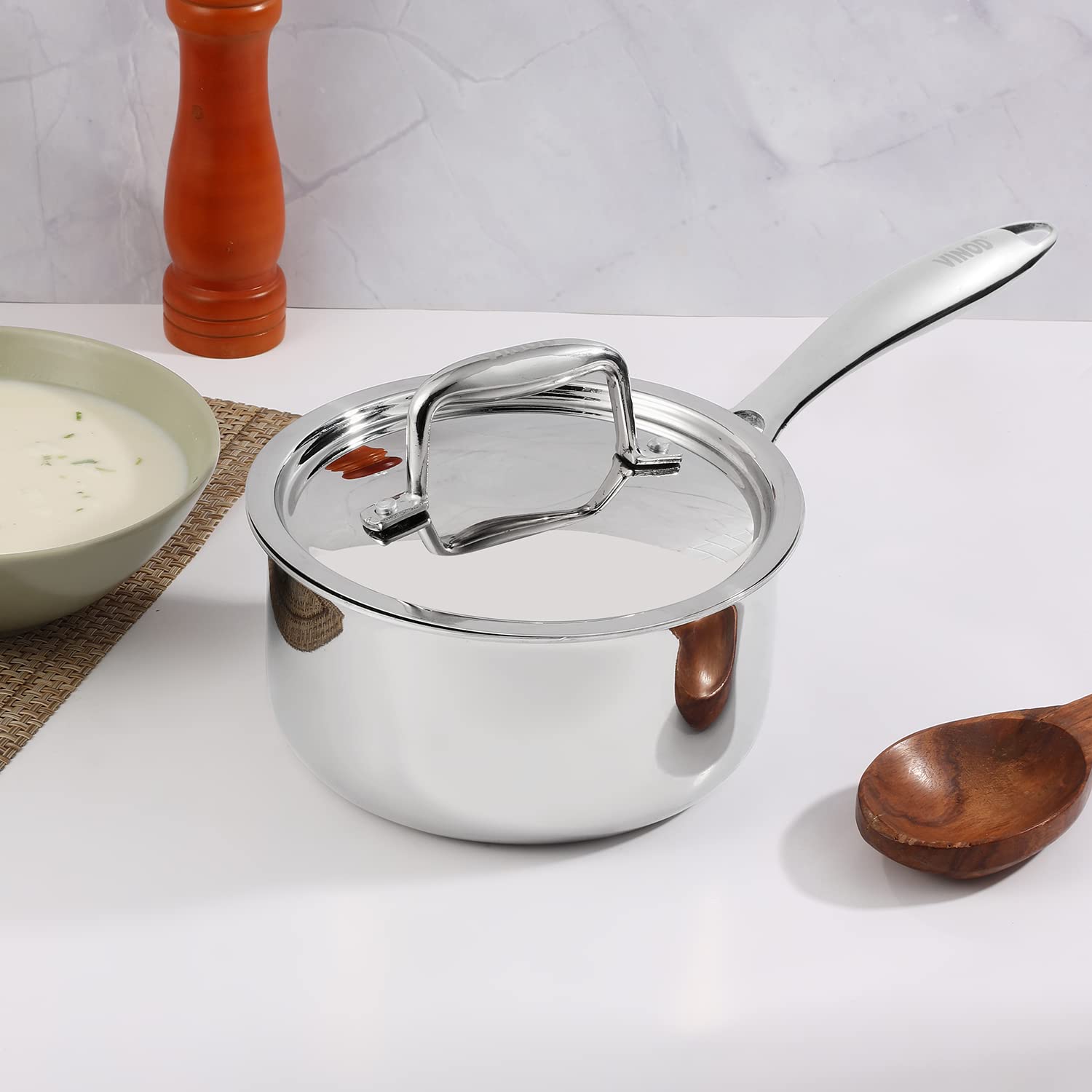 Vinod Platinum Triply Stainless Steel Saucepan With Lid - 1.2 Litres (14 Cm) | 2.5 Mm Thick | Tea, Chai Pan | 5 Year Warranty |