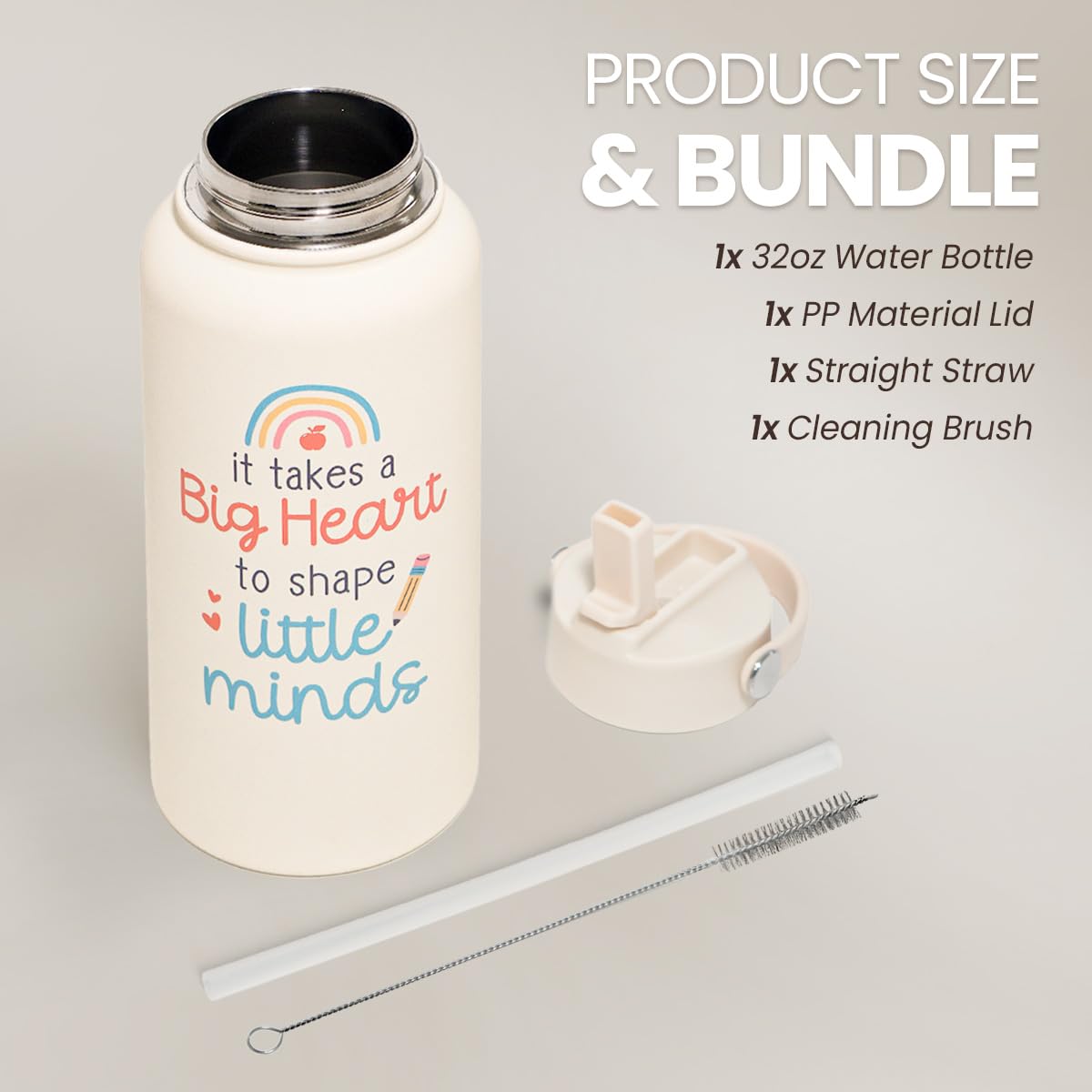 SANDJEST Teacher Appreciation Gifts - It Takes a Big Heart to Shape Little Minds Water Bottle 32oz Stainless Steel Insulated wit