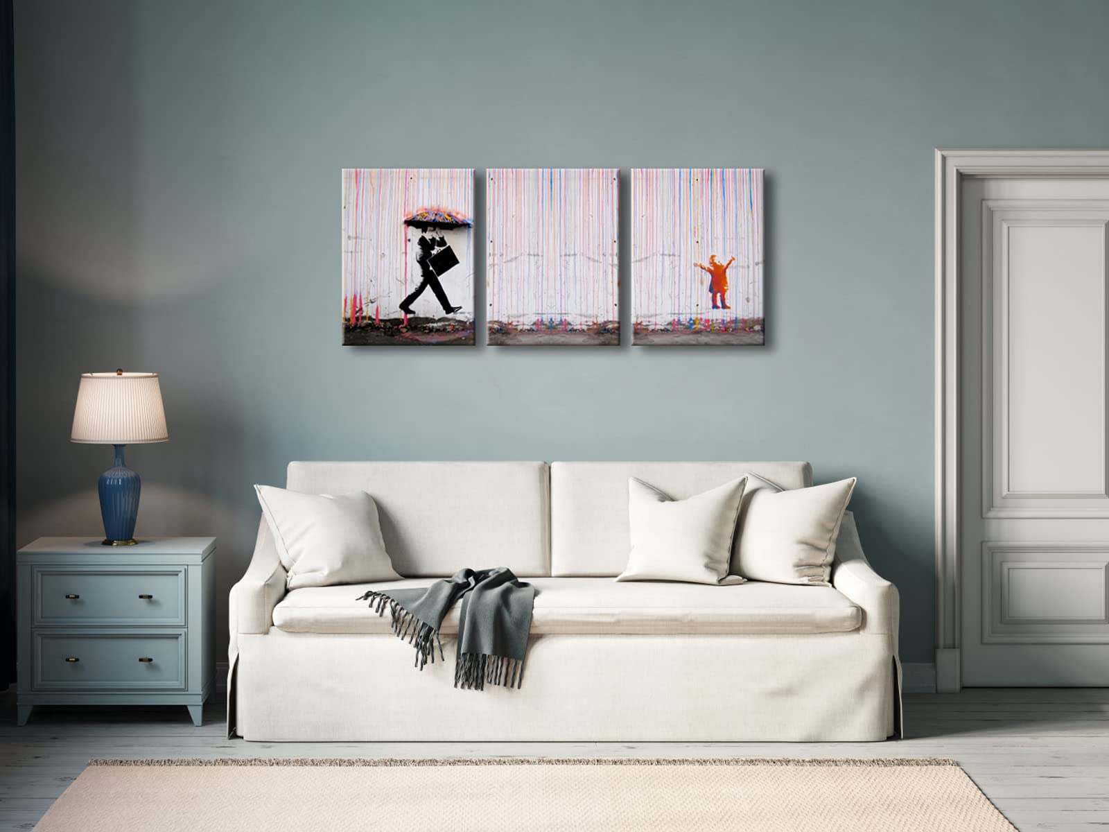 Wieco Art 3 Piece Banksy Famous Canvas Paintings Wall Art Raining Day Modern Inspirational Grey Love Pictures Print Artwork For