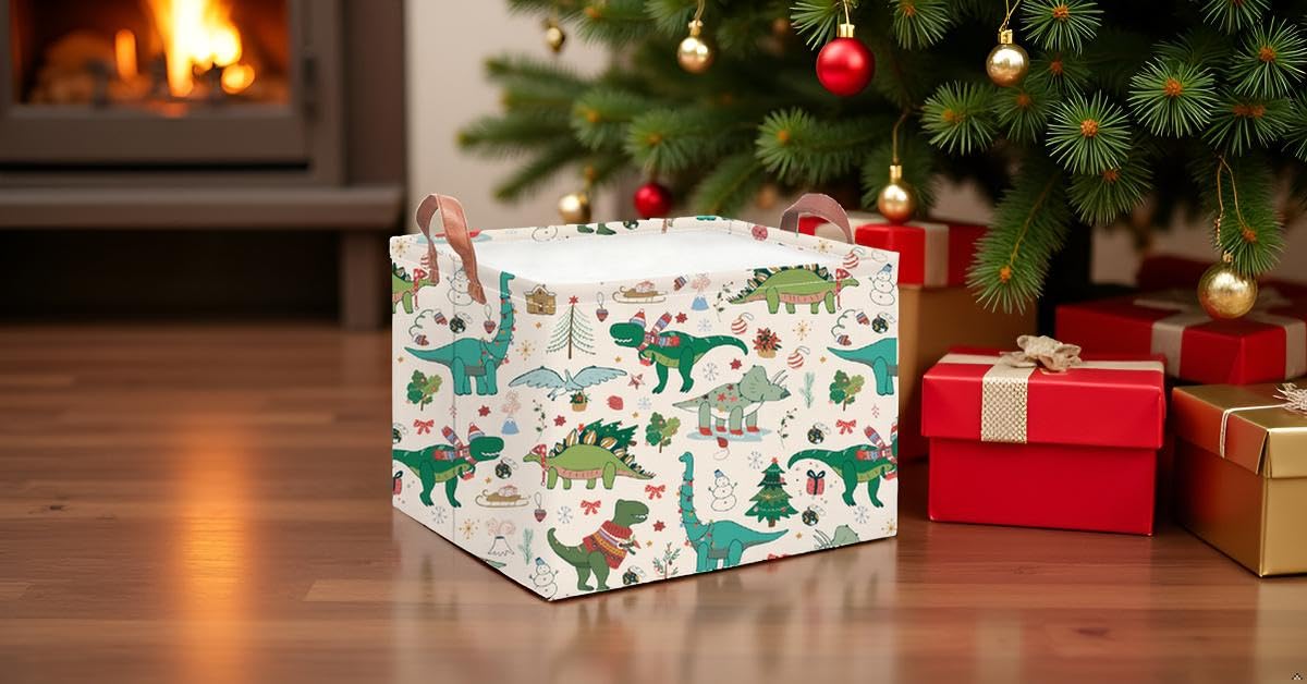 NTAOHAMPER Rectangular Storage Basket Empty,Storage Bin with Handles,Room Decor,Gift Basket,Book Box(Dinosaur Christmas)