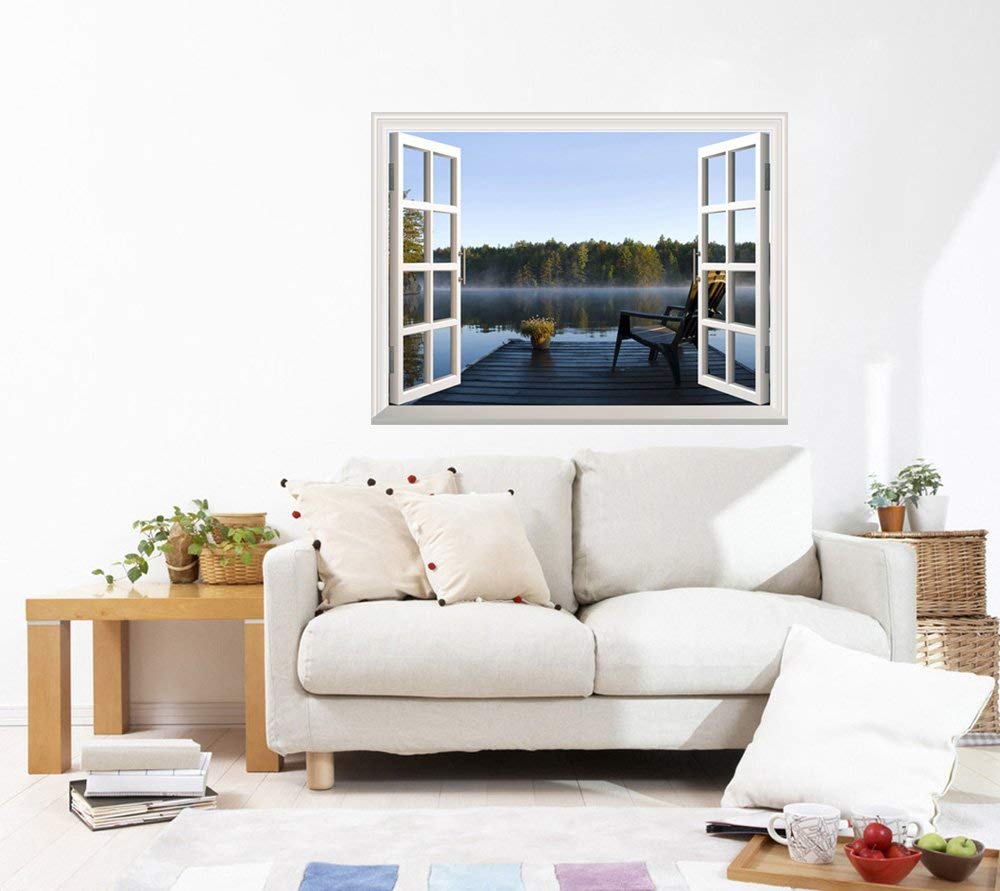 wall26 Removable Wall Sticker Wall Mural - Peaceful Lake View with a Chair on a Wooden Pier Creative Window View Wall Decor - 24 Inchx32 Inch