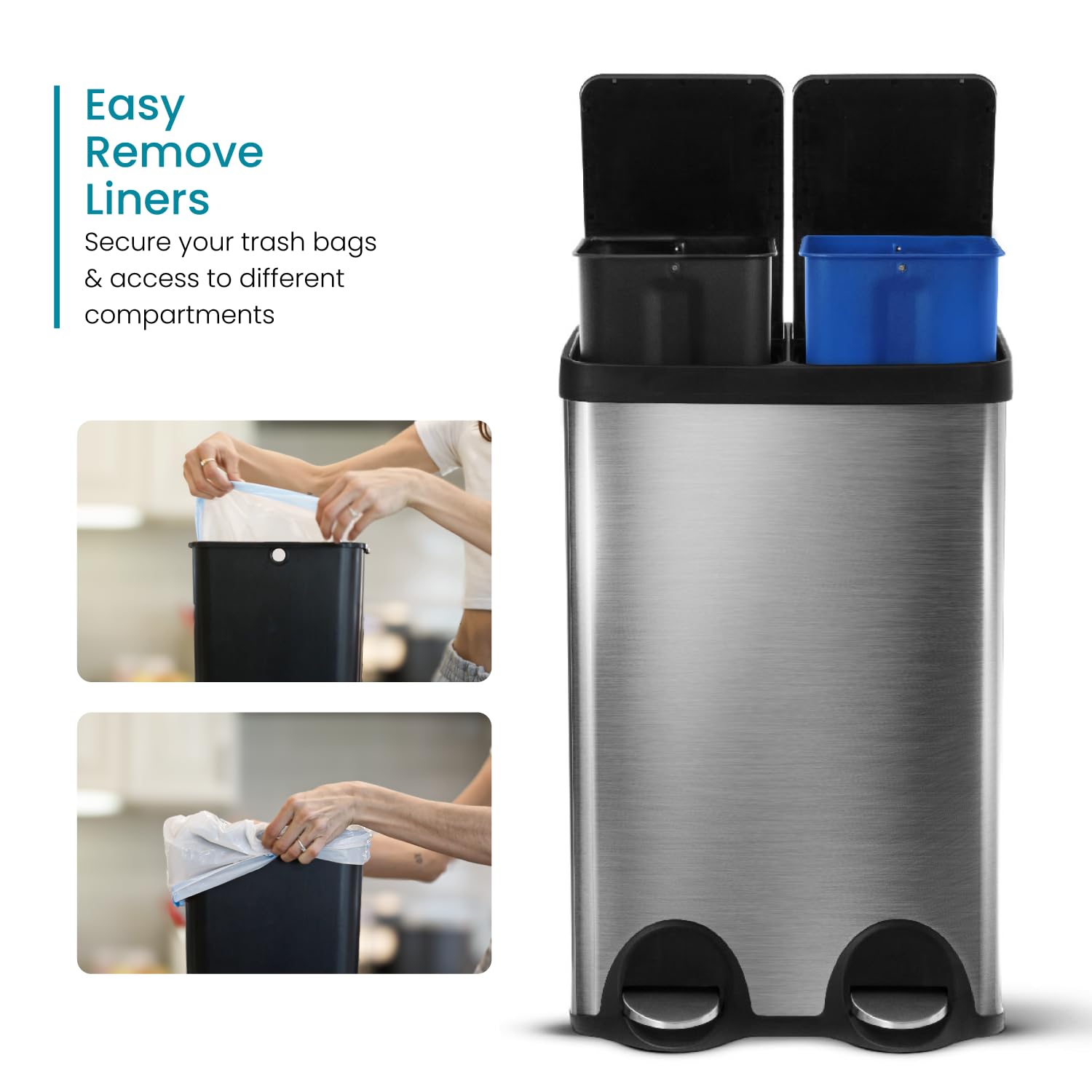 Home Zone Living 15.8 Gallon Kitchen Trash Can, Dual Removable Liners For Recycling And Trash, Wide Stainless Steel Shape (7.9 +