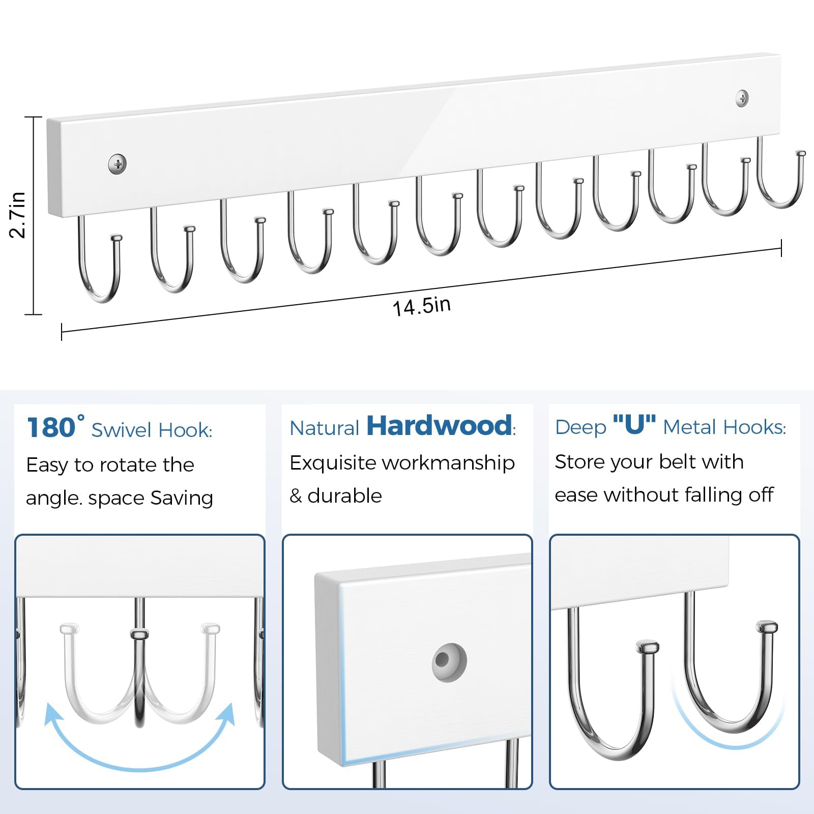 Belt Hanger Wall Mounted, Wooden Coat Rack Belt Organizer 2 Pack Max 24 Storage Capacity, 180 Rotating Space Saving Hangers For