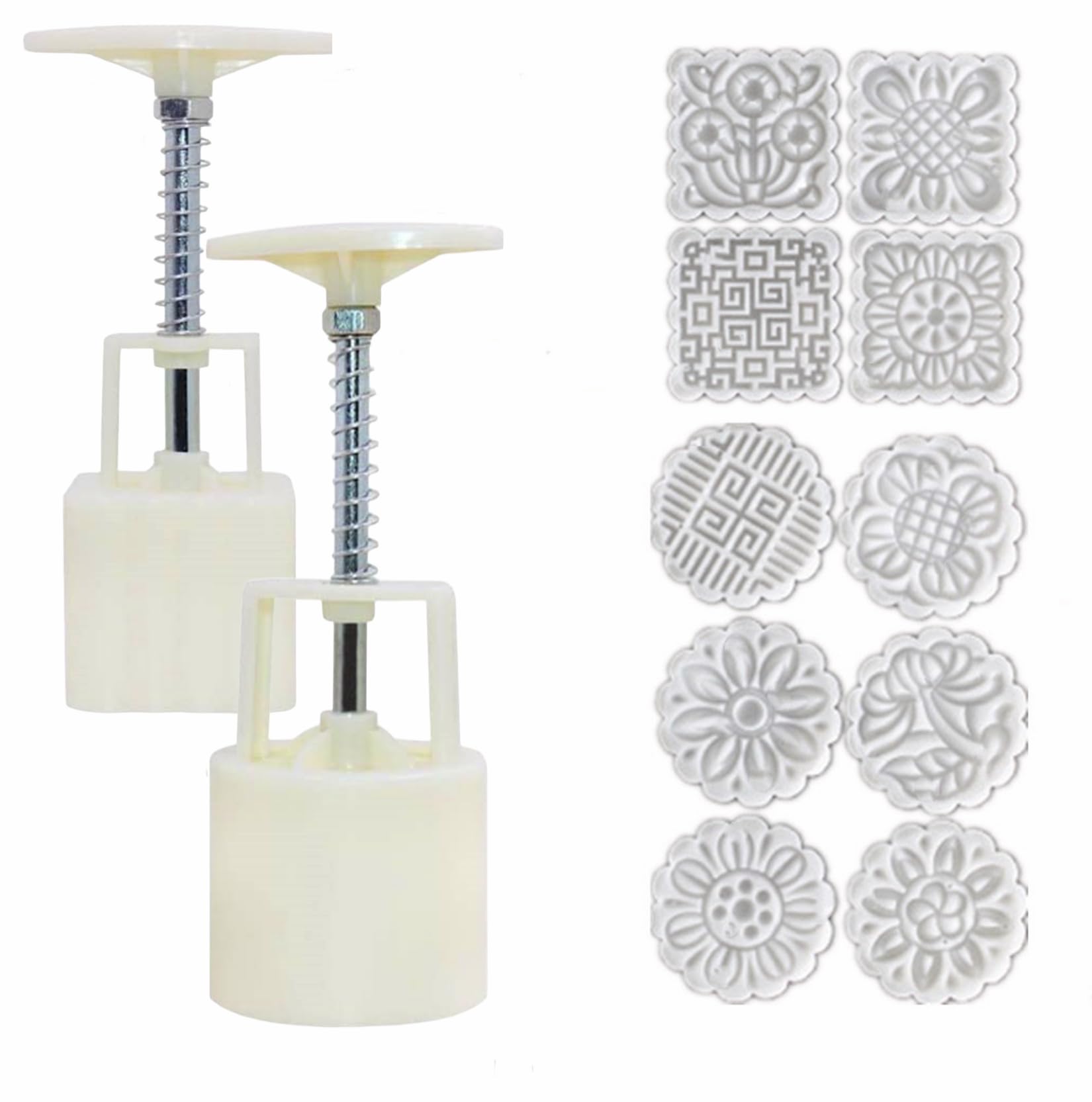 Accfore 2 Pack Mooncake Mold Press With 10 Stamps,Round Flower And Square Flower Decoration Tools For Moon Cake Baking Diy Cooki