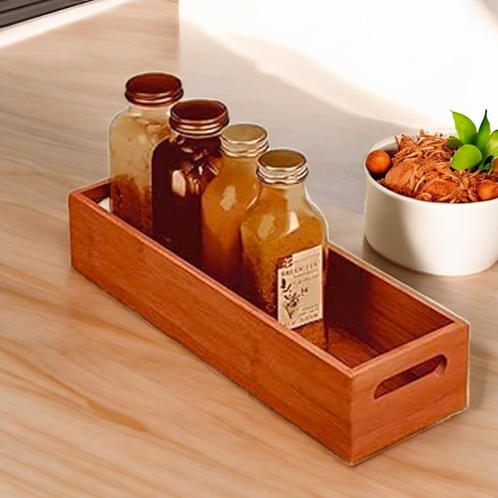 Wooden Serving Tray With Handles, Rectangular Storage Organiser