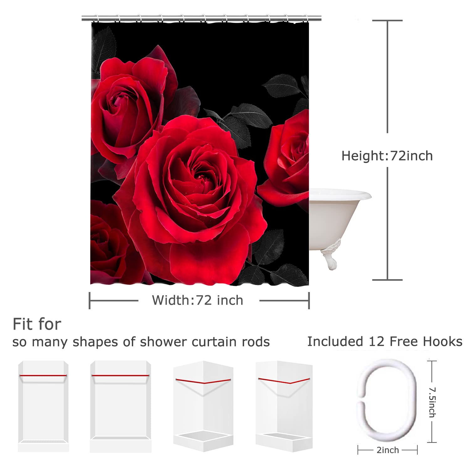 Livilan Red Shower Curtain For Bathroom Rose Shower Curtain Black And Red Shower Curtains Red Rose Shower Curtain With Hooks Bla