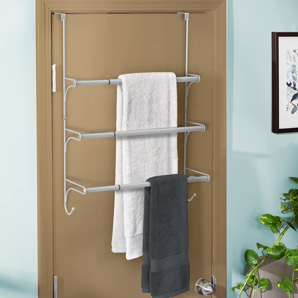 Auledio Adjustable Over The Door Triple Towel Rack With Hooks,Silver