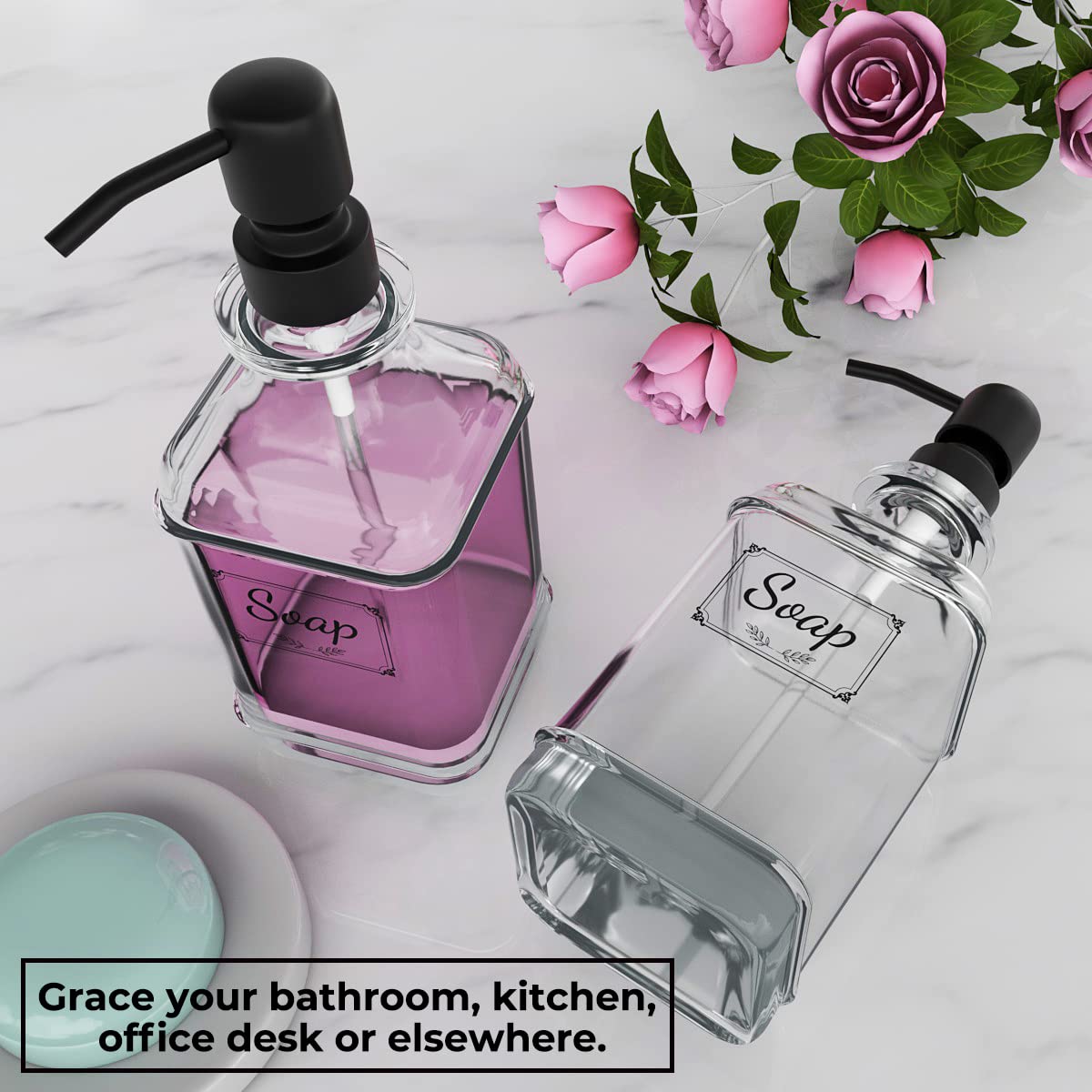 Gladpure 2 Pack Soap Dispenser, 18 Oz Antique Design Thick Glass Hand Dispensers; With 304 Rust Proof Stainless Steel Pump, 6Pcs