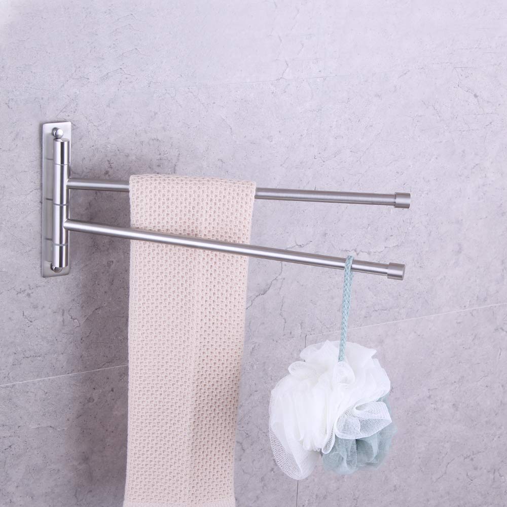 GERZWY Bathroom Swing Arm Towel Bars 2-Arm Wall Mount Stainless Steel Bath Towel Rack Hanger Towel Holder Organizer Brushed Finish