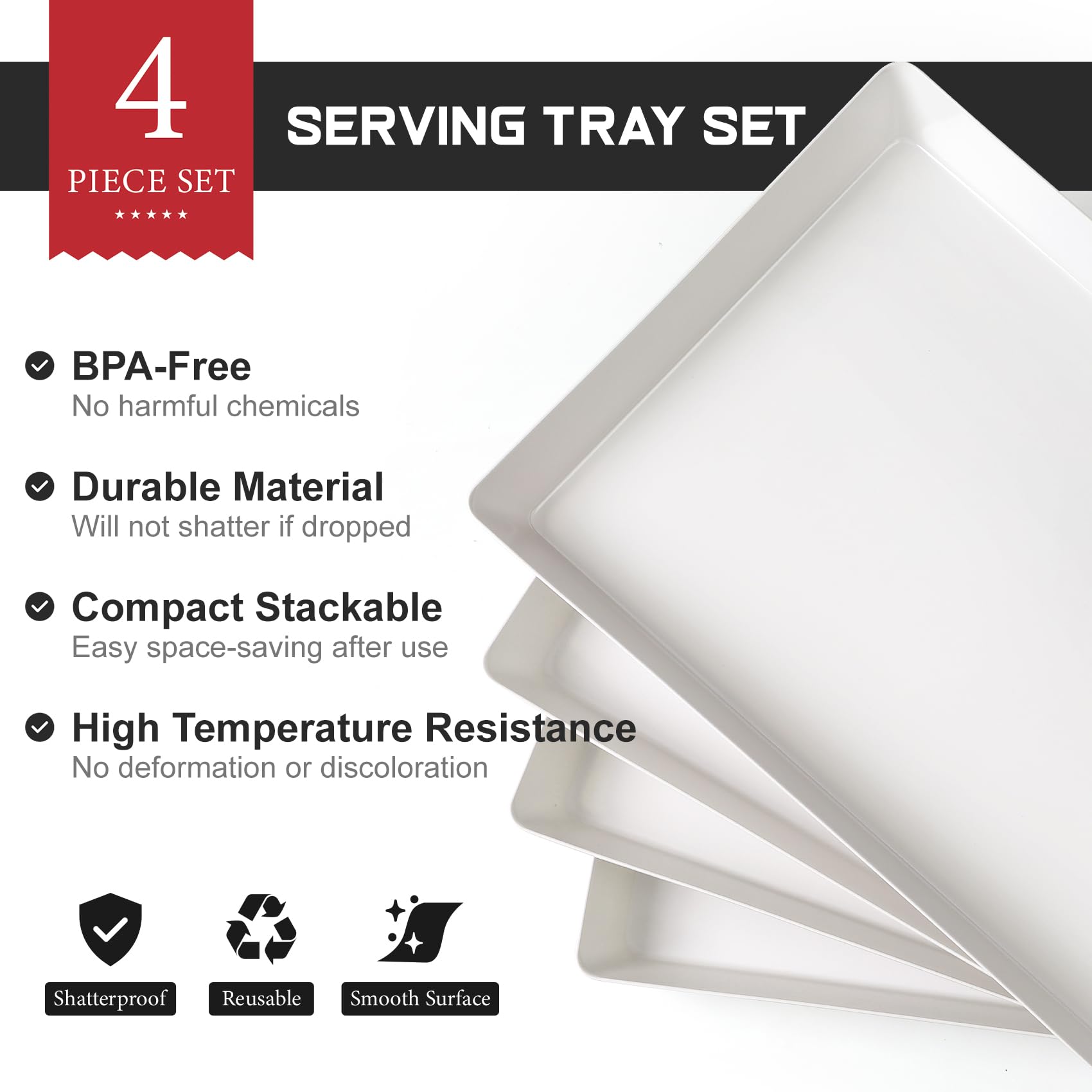 4-Pack 16'' X 11'' Large White Serving Trays Set - Reusable Plastic Serving Platters For Cookie, Appetizer, Charcuterie, Snack,