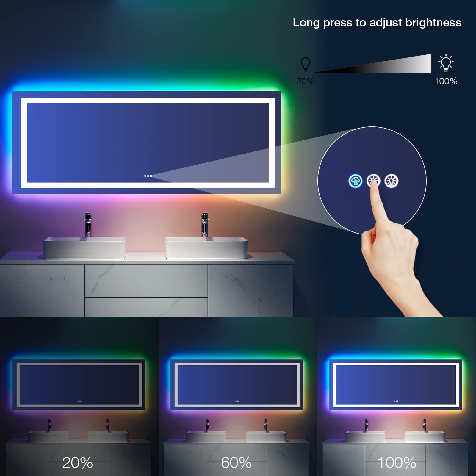 Loaao 84''X40'' Led Bathroom Mirror With Lights, Anti-Fog, Dimmable, Rgb Backlit + Front Lighted, Bathroom Vanity Mirror For Wal
