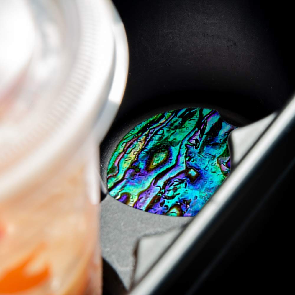 Teal Abalone Car Coasters For Drinks Set Of 2 - Perfect Car Accessories. Coaster Measures 2.56 Inches With Rubber Backing And Fa