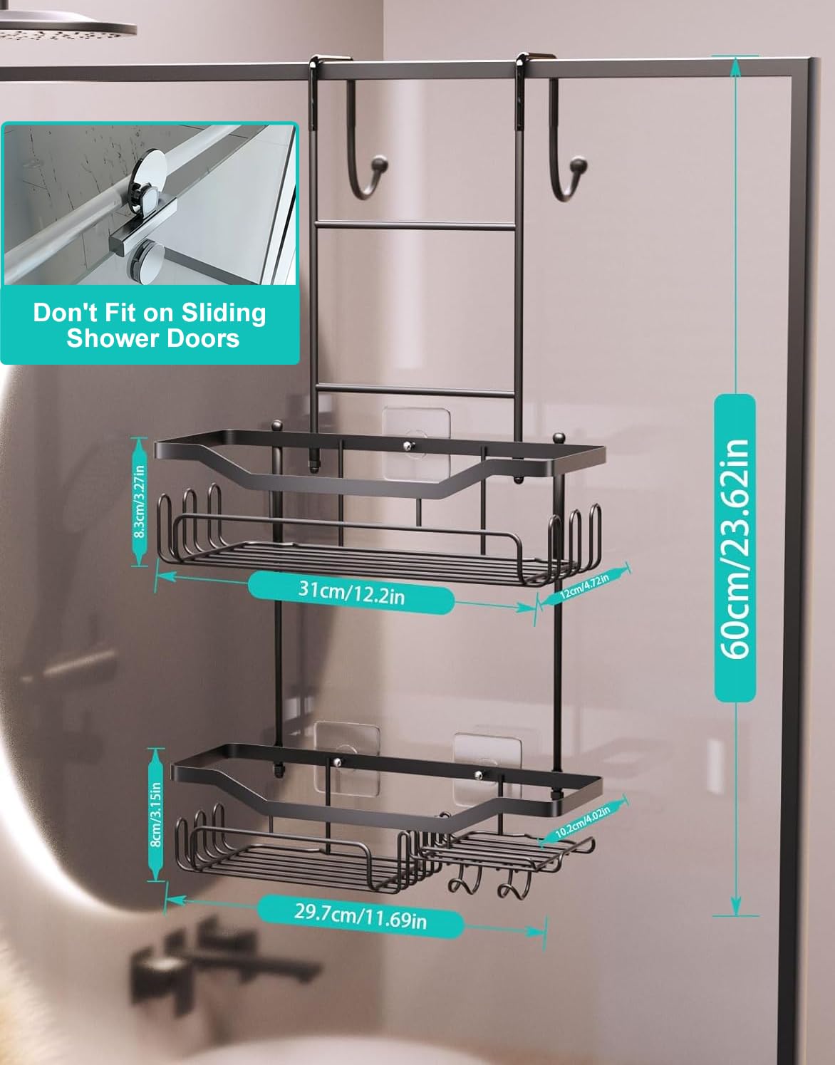 Hapirm Hanging Shower Caddy Over The Door With Soap Holder, No Drilling Adhesive Shower Organizer With 11 Hooks, Rustproof & Wat