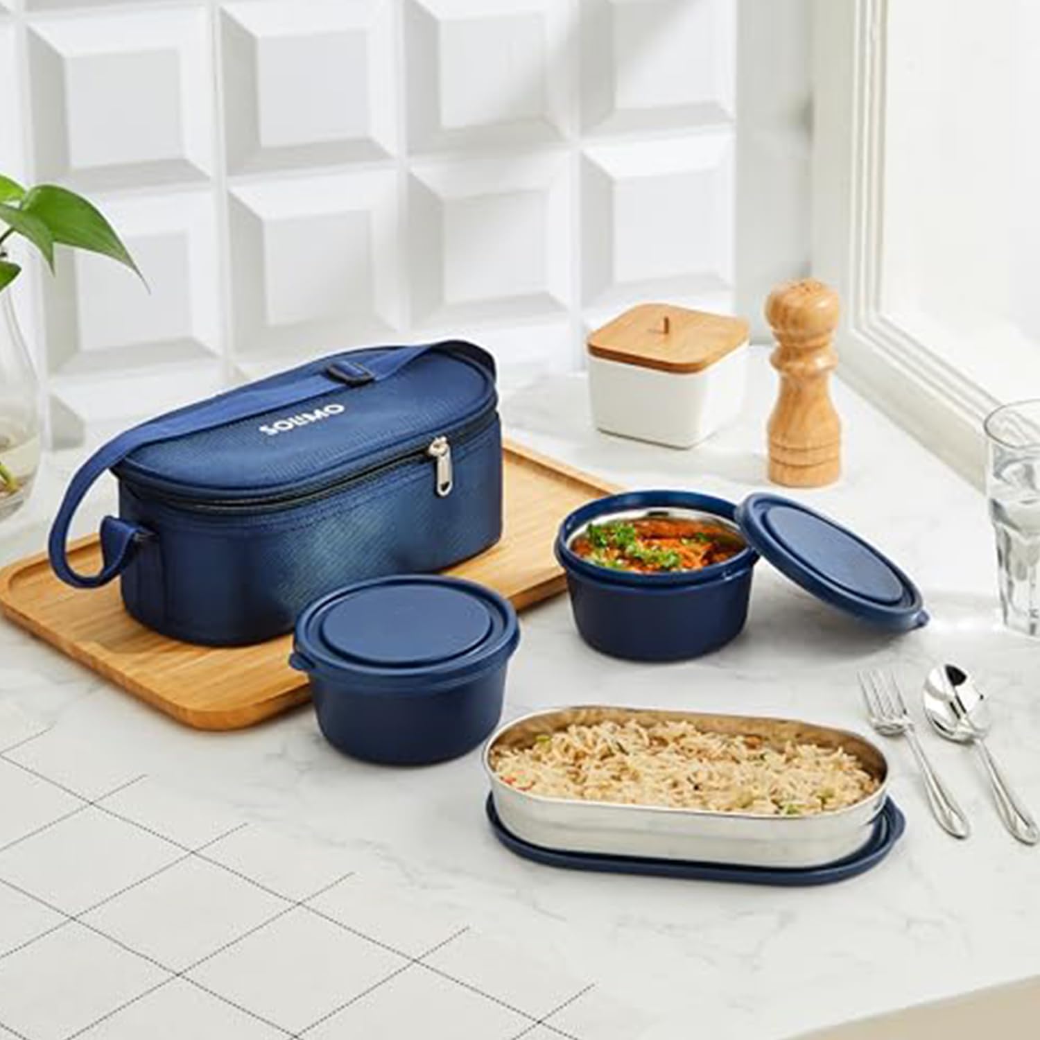 Amazon Brand - Solimo Lunch Box Set With Bag (Office, School & Travel) | 2 Round (400Ml Each) & 1 Oval 600Ml Steel Inner Contain