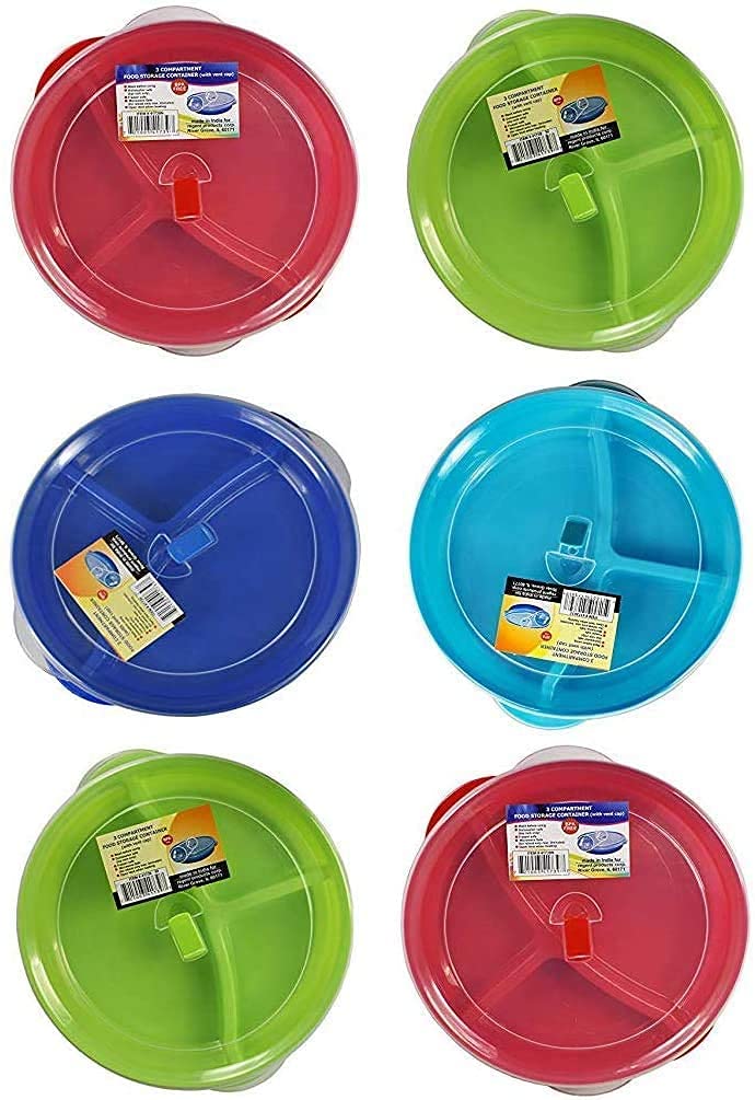 Regent Products Corp (Set Of 6) Microwave Food Storage Tray Containers - 3 Section / Compartment Divided Plates W/ Vented Lid
