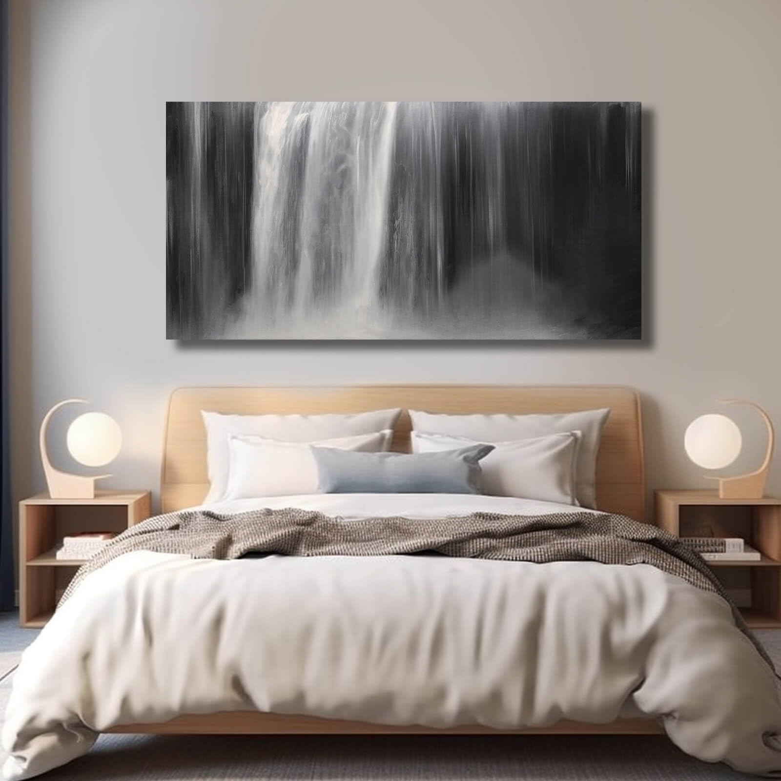 Black And White Wall Art Abstract Waterfall Canvas Paintings 24''X48'' Modern Art For Living Room Bedroom Home Office Decoration