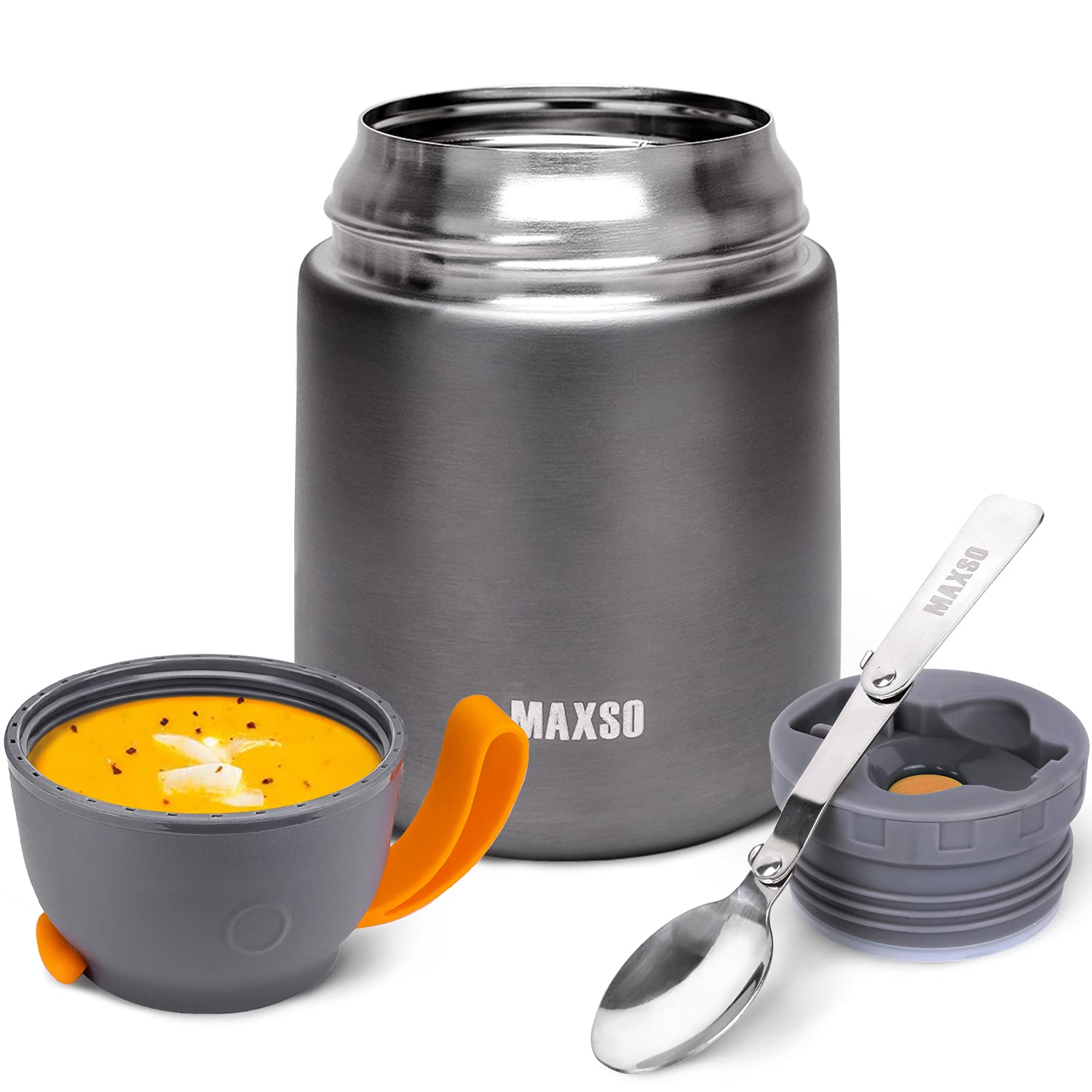 MAXSO Soup Thermo for Hot & Cold Food for Adults Kids, 17 oz Vacuum Insulated Steel Lunch Container Bento Box with Spoon, Leakpr