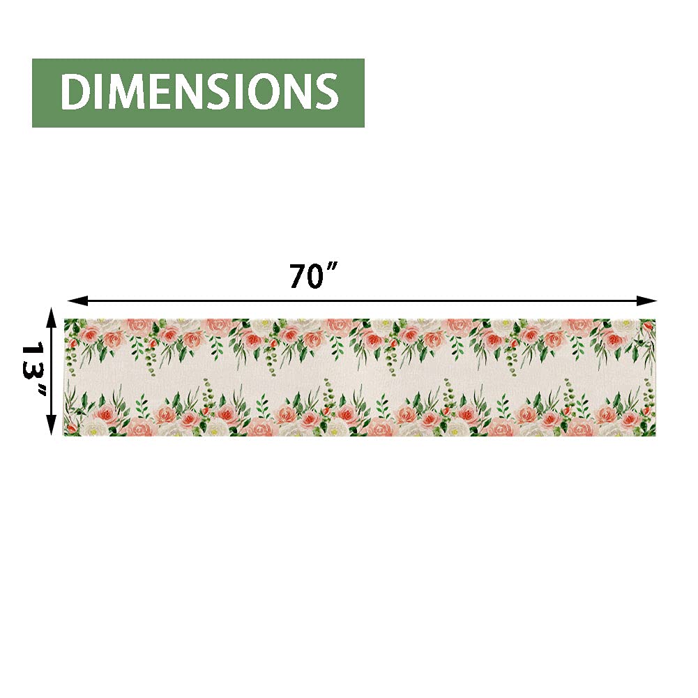 Watercolor Peach Floral Table Runner, Seasonal Summer Greenery Wreath Holiday Kitchen Dining Table Decoration For Home Party Dec