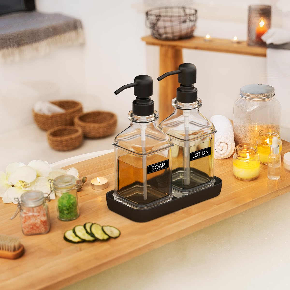 Lmqml Soap Dispenser - 2 Pack, Antique Design Thick Glass Hand Soap Dispensers With Sturdy Tray; 304 Rust Proof Stainless Steel