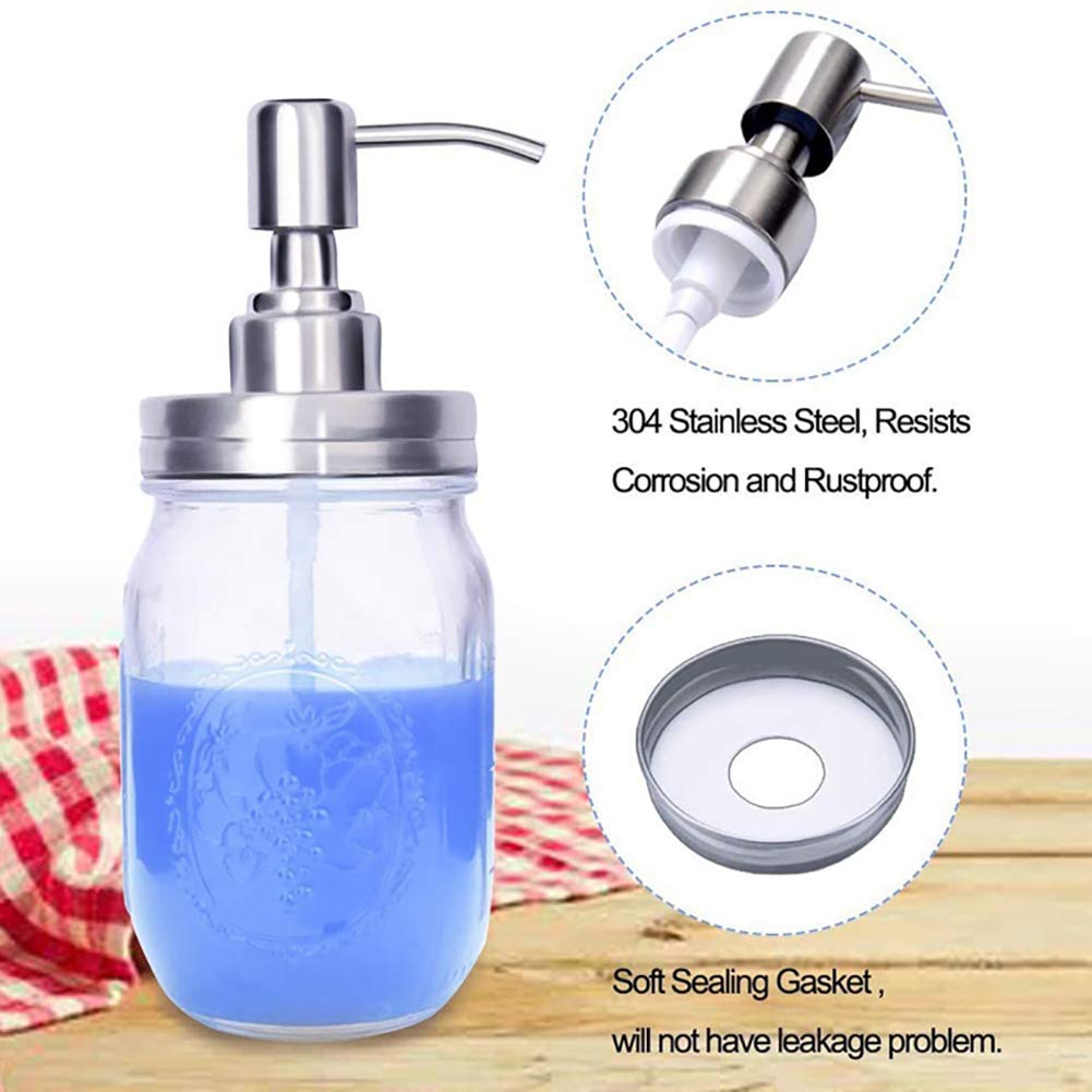 4 Pack Mason Jar Soap Dispenser Lids With Pumps, Rustproof Stainless Steel, Lotion Soap Dispenser Lids Replacement For 16 Oz Reg