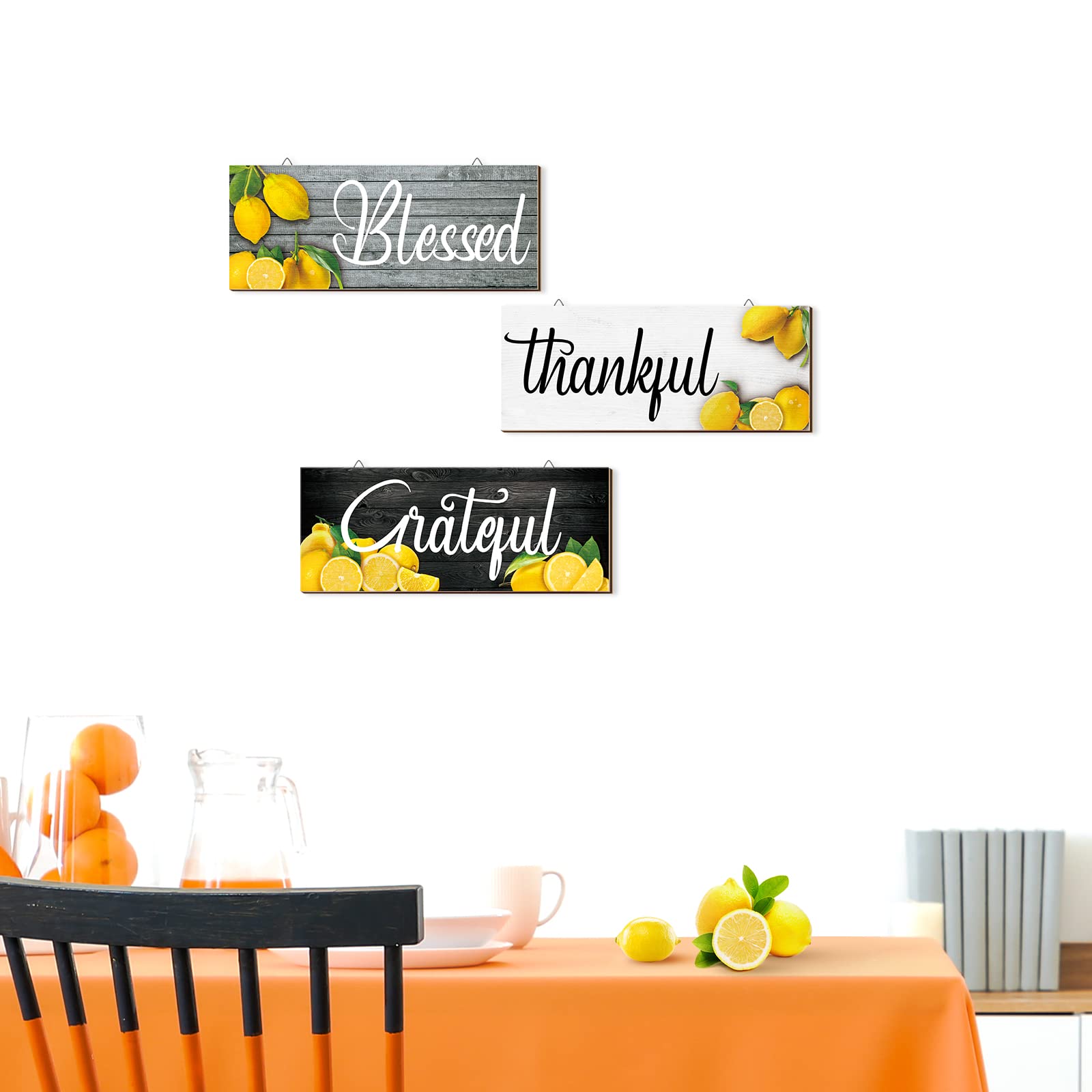 Amyhill 3 Pieces Lemon Wall Decor Grateful Thankful Blessed Art Signs Lemon Decorations for Home Wall decor for Front Door Farmh