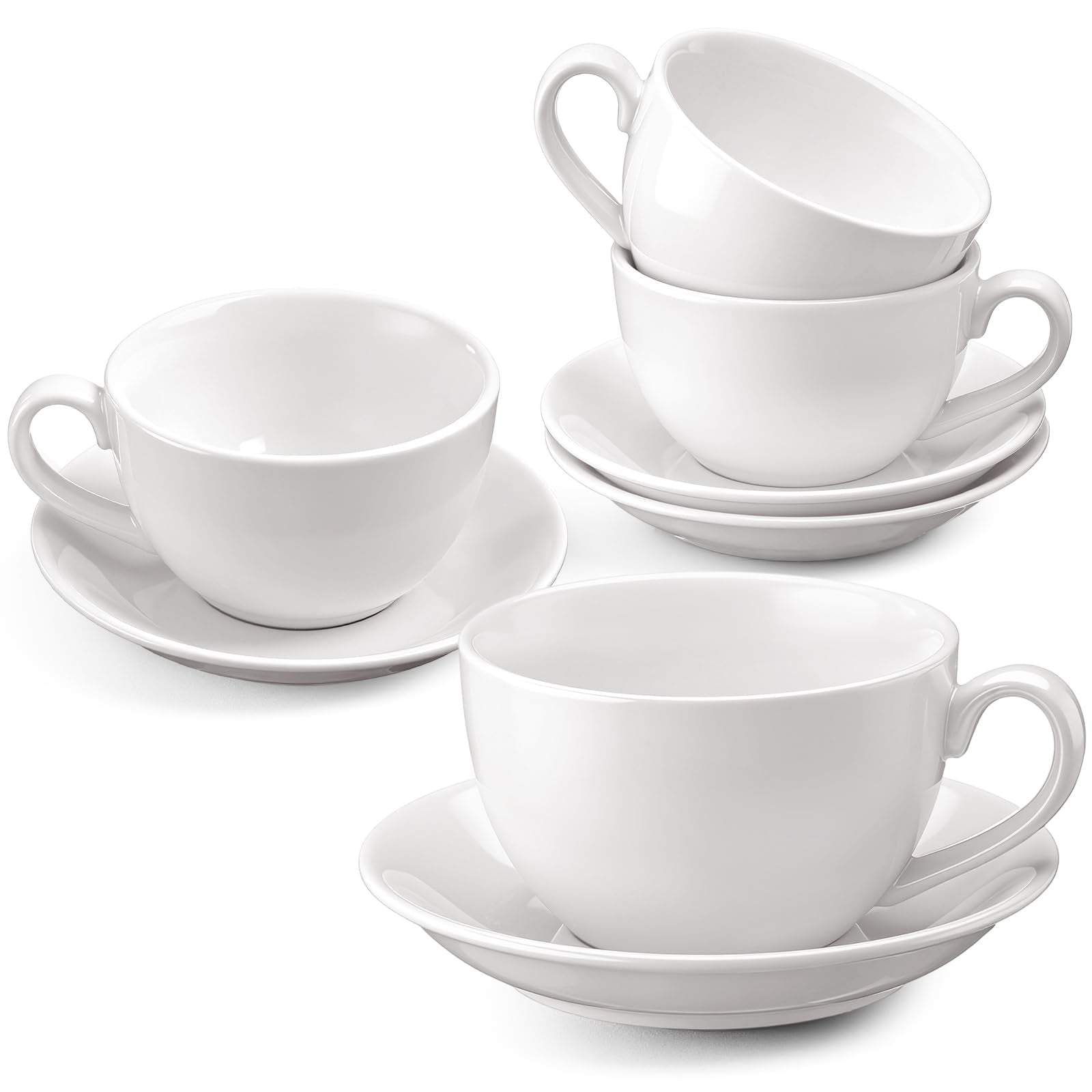 Acellegic 4 Set 16oz Cappuccino Cups with Saucers, Heavyweight Porcelain