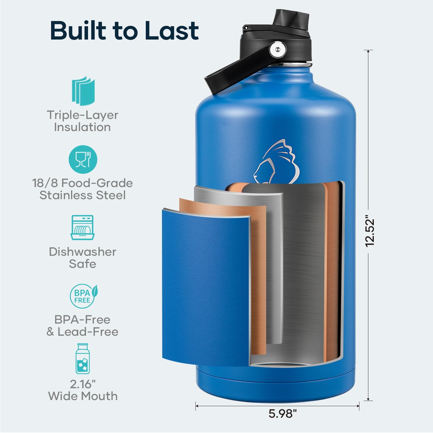BUZIO 1 Gallon Water Bottle Insulated, 128 oz Large Water Jug Vacuum Stainless Steel Big Metal Flask (Cold for 48 Hrs), Leak Pro
