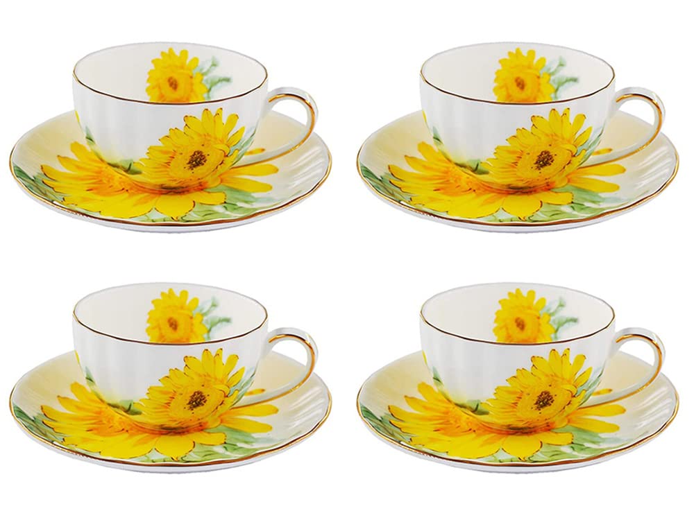 Ceramic Teacup Sunflower Vintage Coffee Mug Tea Cup with Saucer,Set of 4