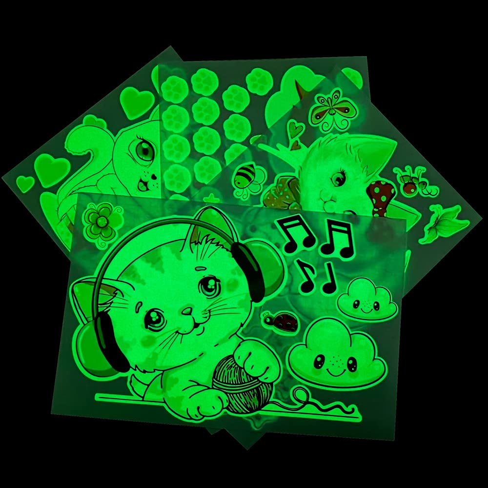 Glow In The Dark Stars For Room,Cats Glowing Wall/Ceiling Decals, Kitten Butterflies Stickers For Kids Bedroom, Clouds Bees Lumi