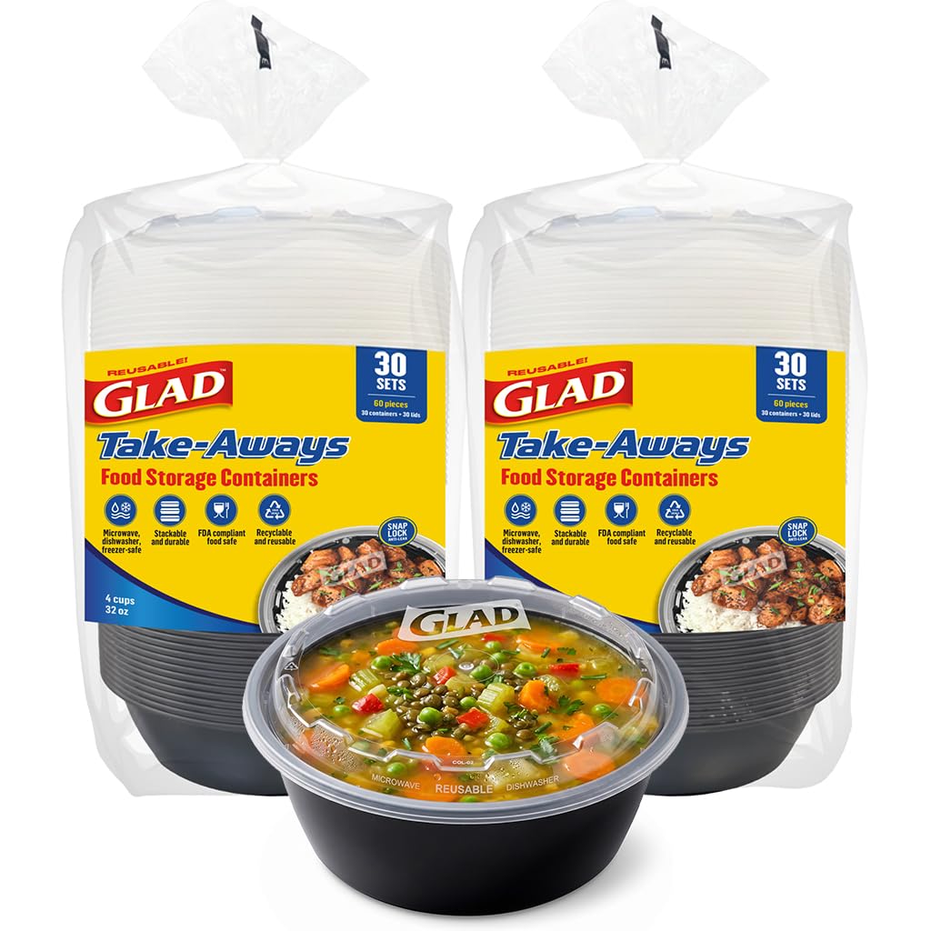 Glad TakeAways 60Pack SnapSeal Round Food Storage Containers, 32 oz, LeakResistant Lids, Dishwasher & Freezer Safe, Reusable