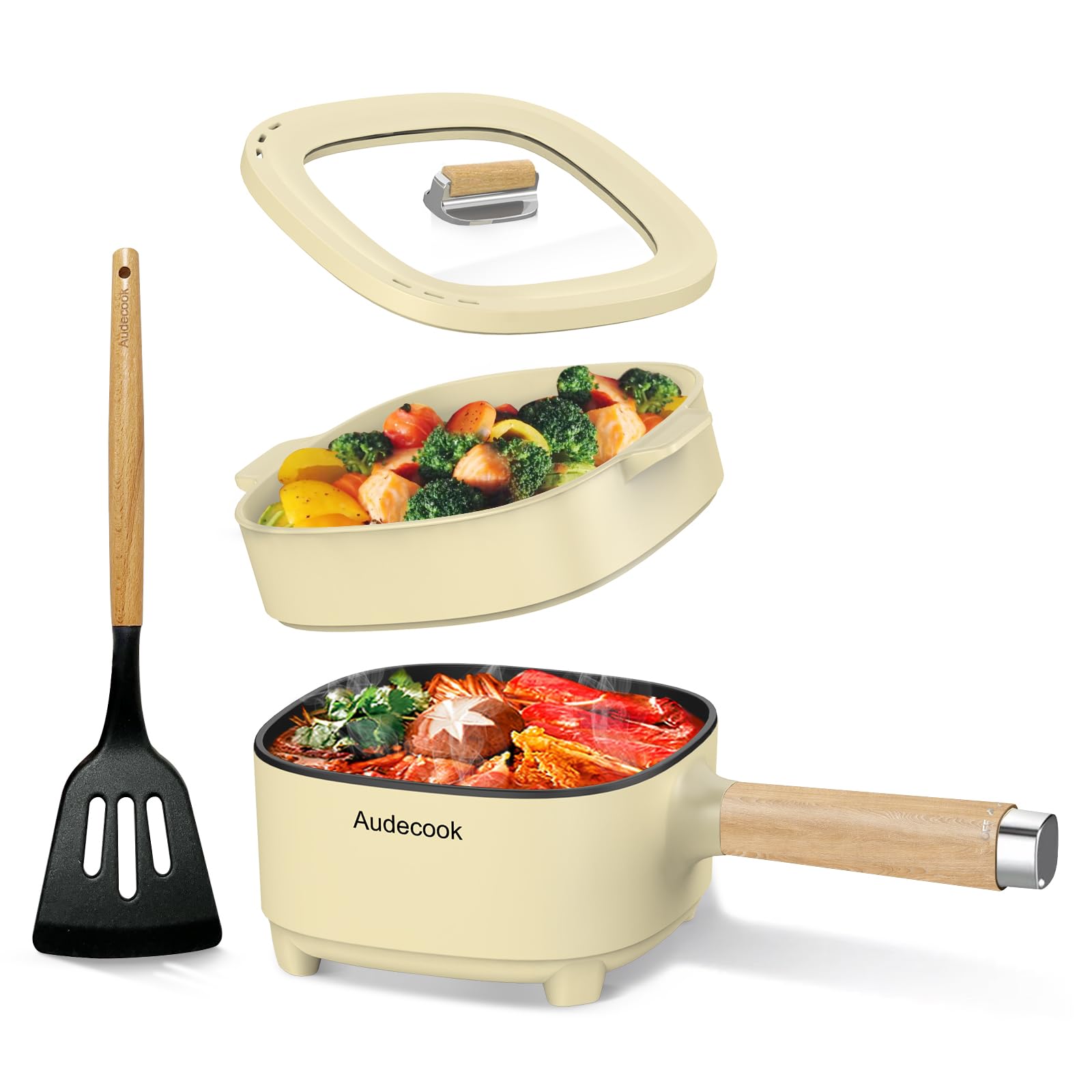 Audecook Hot Pot Electric 2L, Cermic Glaze Non-Stick Frying Pan 8 Inch, Portable Travel Cooker for Ramen/Steak/Fried Rice/Oatmea