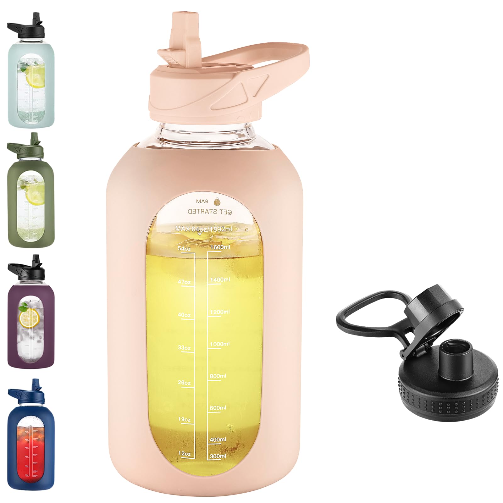 EALGRO 64 oz Glass Water Bottle With Straw and Handle, Half Gallon Sports Motivational Water Jug Flask with Silicone Sleeve, Lar