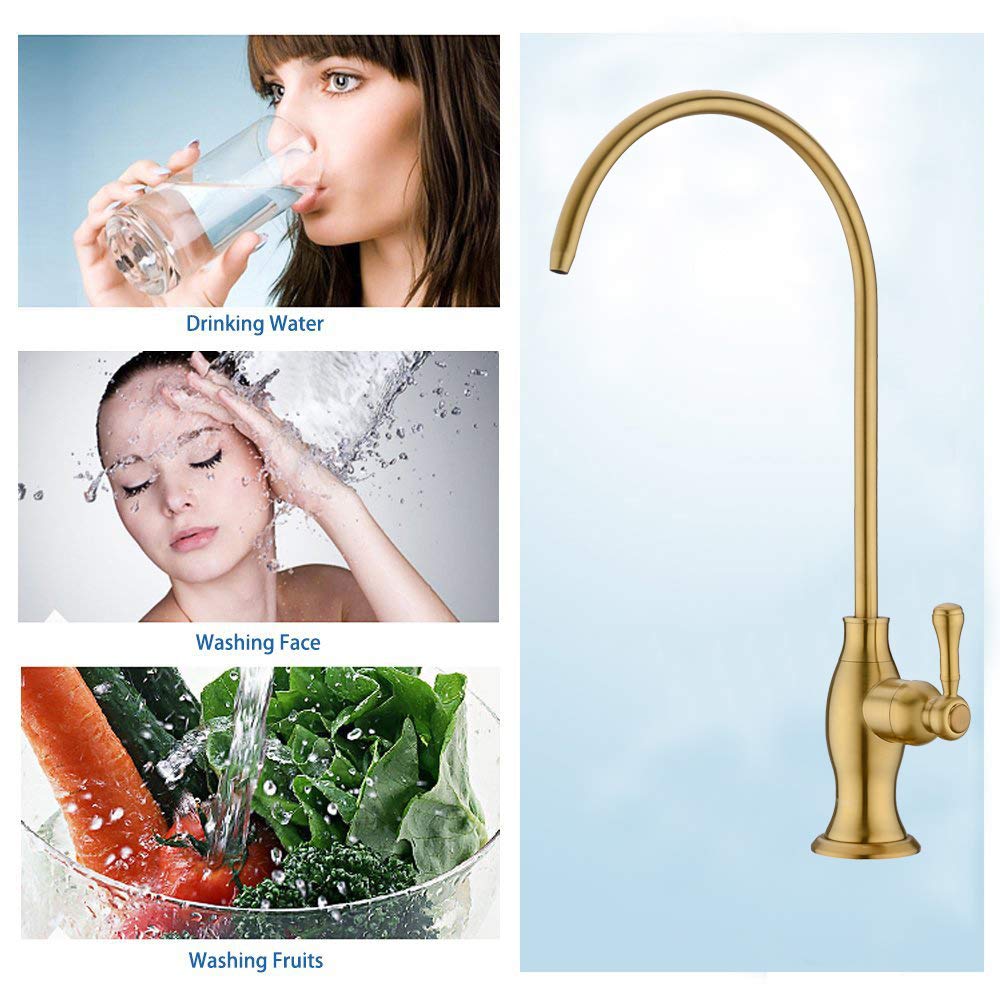Brushed Gold Drinking Water Purifier Faucet  Delle Rosa Gold Water Faucet for Under Sink Water Filter System  Modern Brass RO Faucet Brushed Gold Bar Sink Faucet