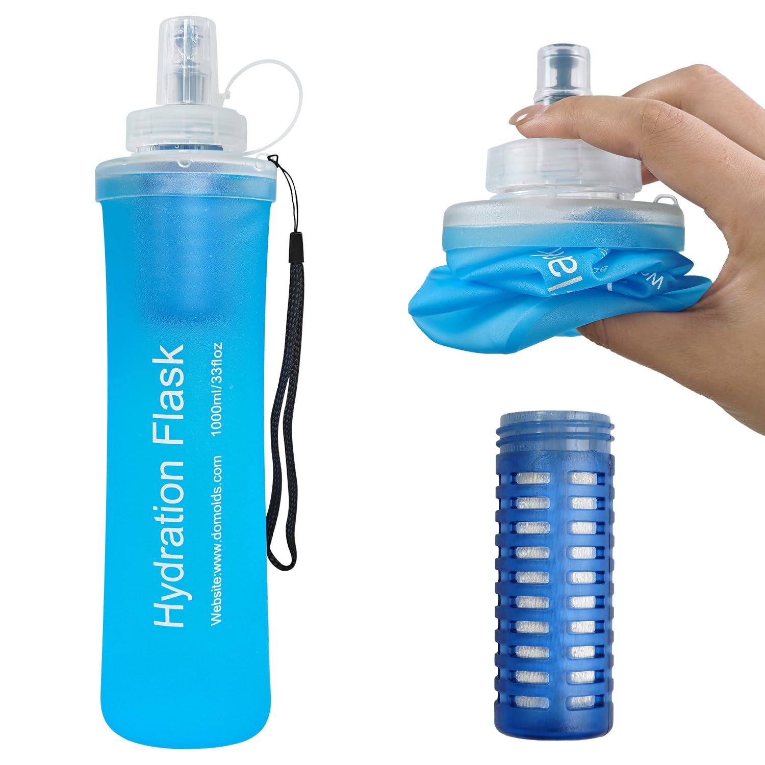 1L Collapsible Water Bottle with Filter for Hiking Backpacking(Blue)