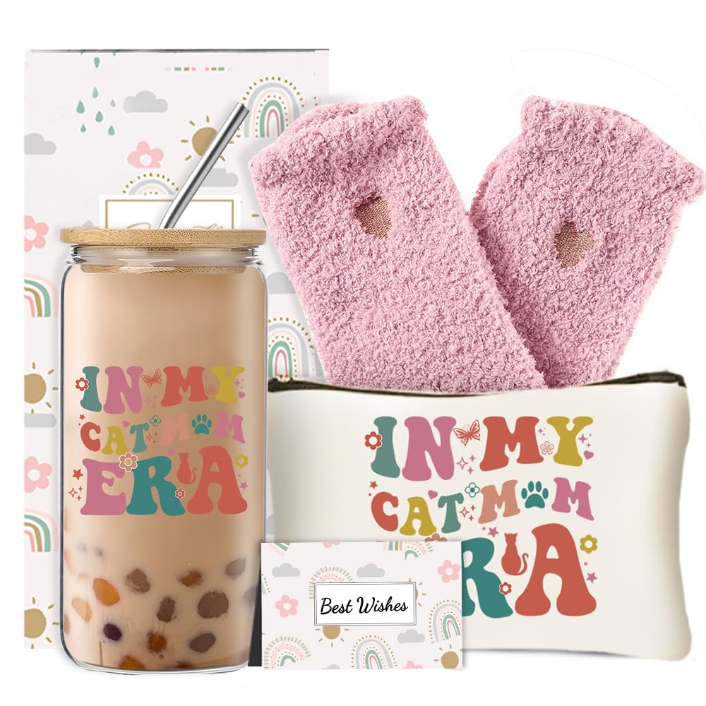 DHQH Cat Lover Gifts for Women, Cute Birthday Presents Cats Themed Gift, Cat Mom Gifts Set with 16 Oz Glass Cup for Mothers Day 