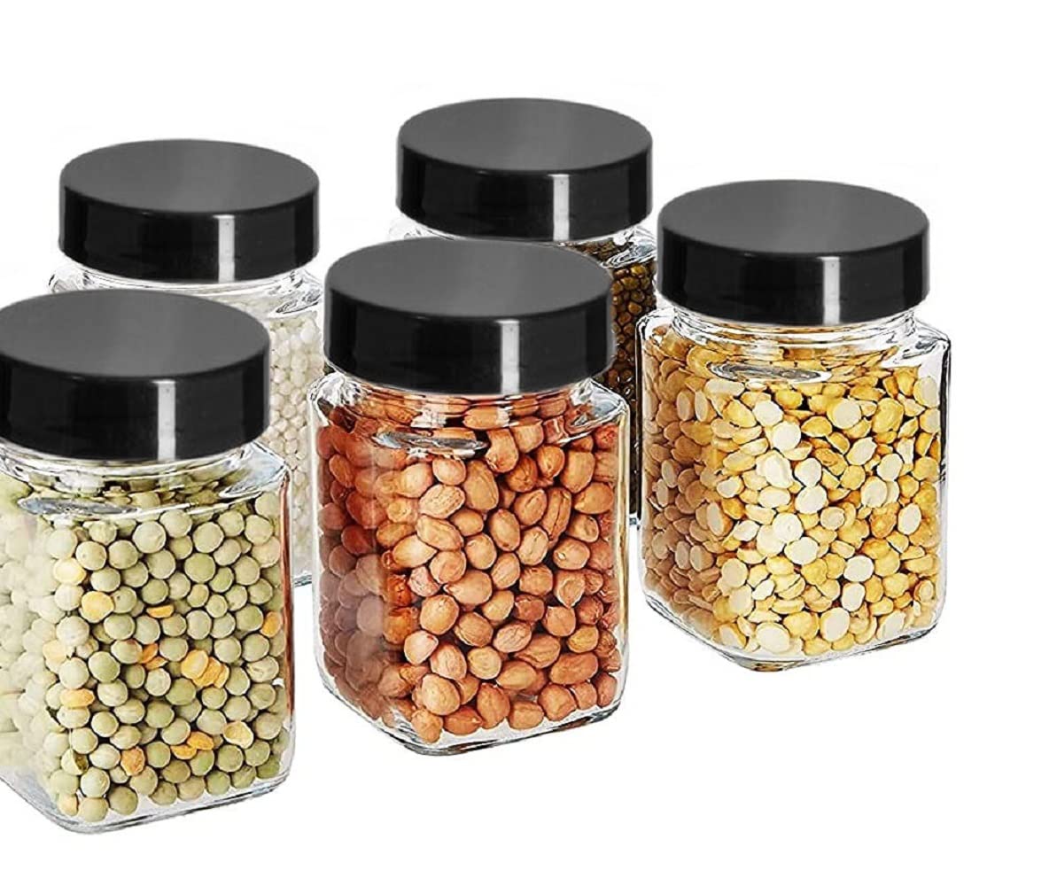Piramal Glass Square Clear Jars & Containers for Kitchen Pantry, Snacks, Masala, Honey, Pickles, Cookies, Dry Fruits, Coffee Bea