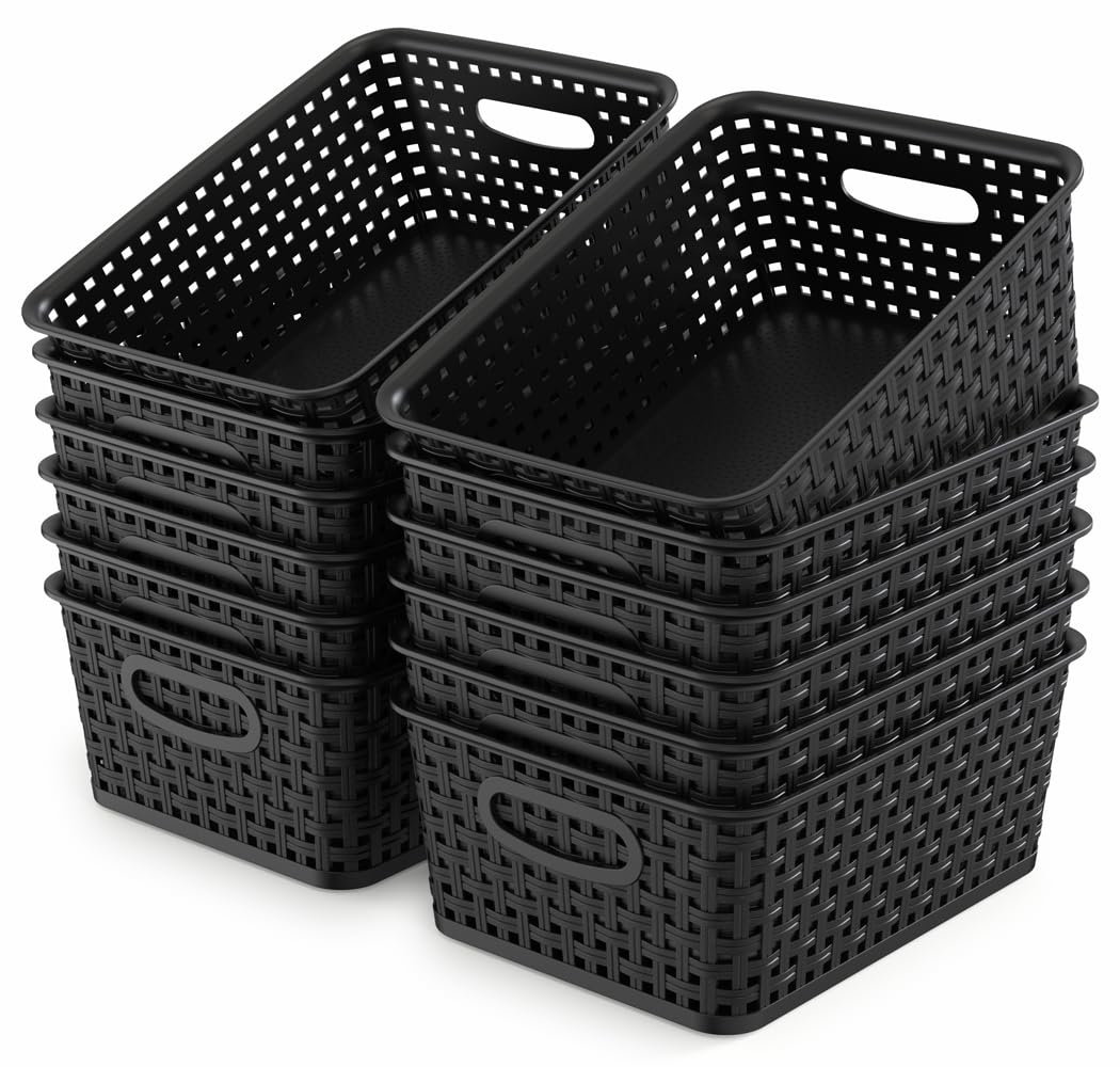 Wyt 12-Pack Plastic Small Shelf Storage Weave Baskets For Organizing, Black