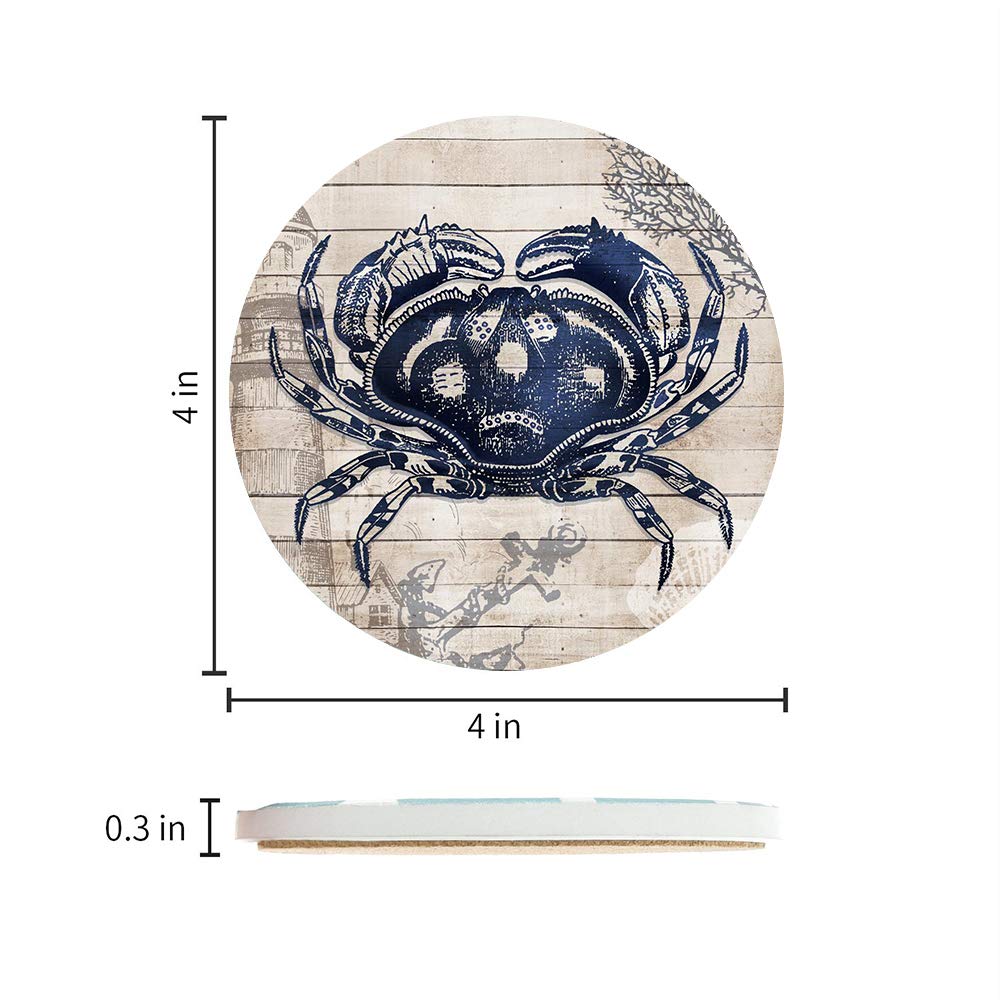 Absorbent Coasters Natural Ceramic Thirsty Stone Navy Blue Octopus Seahorse Crab Turtle Ocean Theme Coaster Set for Drinks Cork Backing (sea Animals)