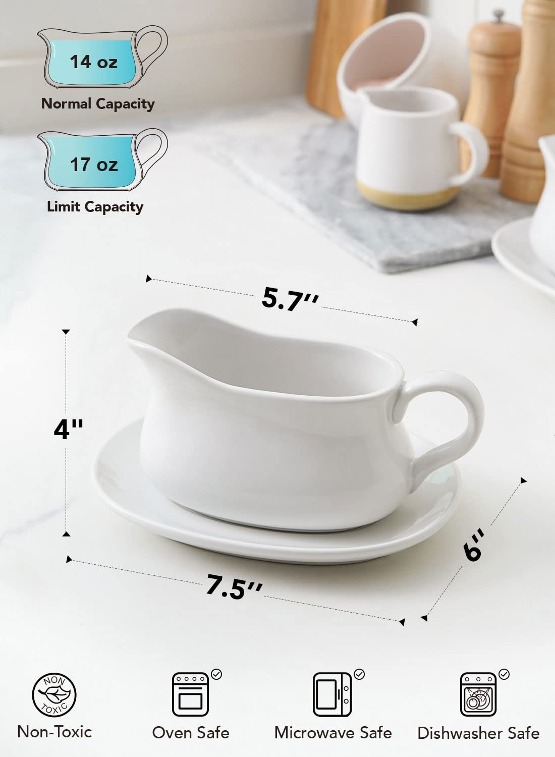 Le Tauci 17Oz Gravy Boat With Saucer Stand, Set Of 1, Ceramic Sauce Boat With Tray For Salad Dressings, Creamer, Broth, Black Pe