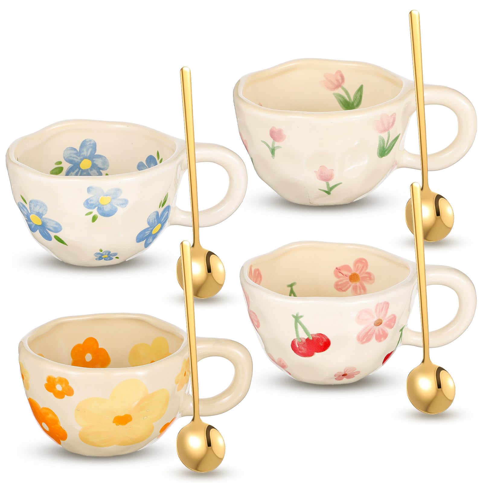 mekueeex 4 Styles Cute Spring Ceramic Flower Coffee Mug Set 8.5 oz Vintage Aesthetic Porcelain Floral Tea Coffee Cup with Handle
