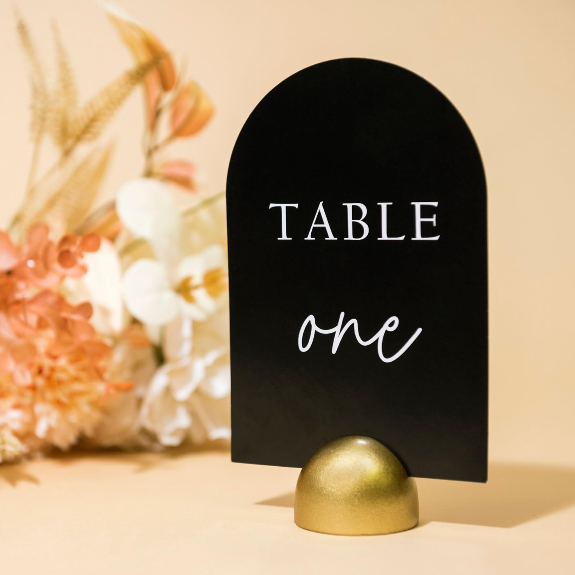 Hanna Roberts Modern Cursive Table Number Black Card Stock Half Circle Signs With Round Stand For Wedding Reception, Restaurant,