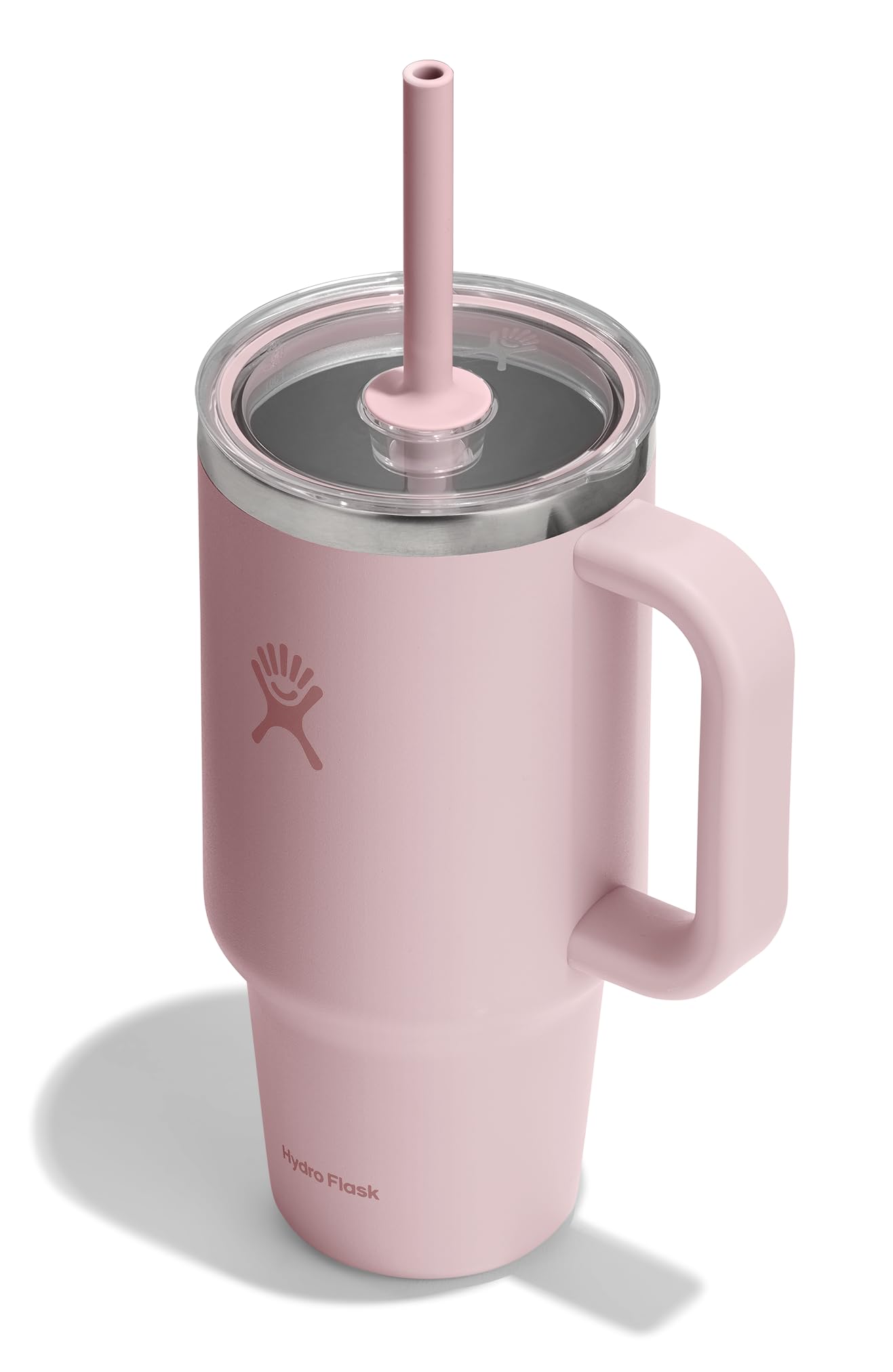 Hydro Flask 32 Oz Travel Tumbler with Handle, Clear Lid and Straw - Insulated Stainless Steel in 32 Oz Trillium Pink