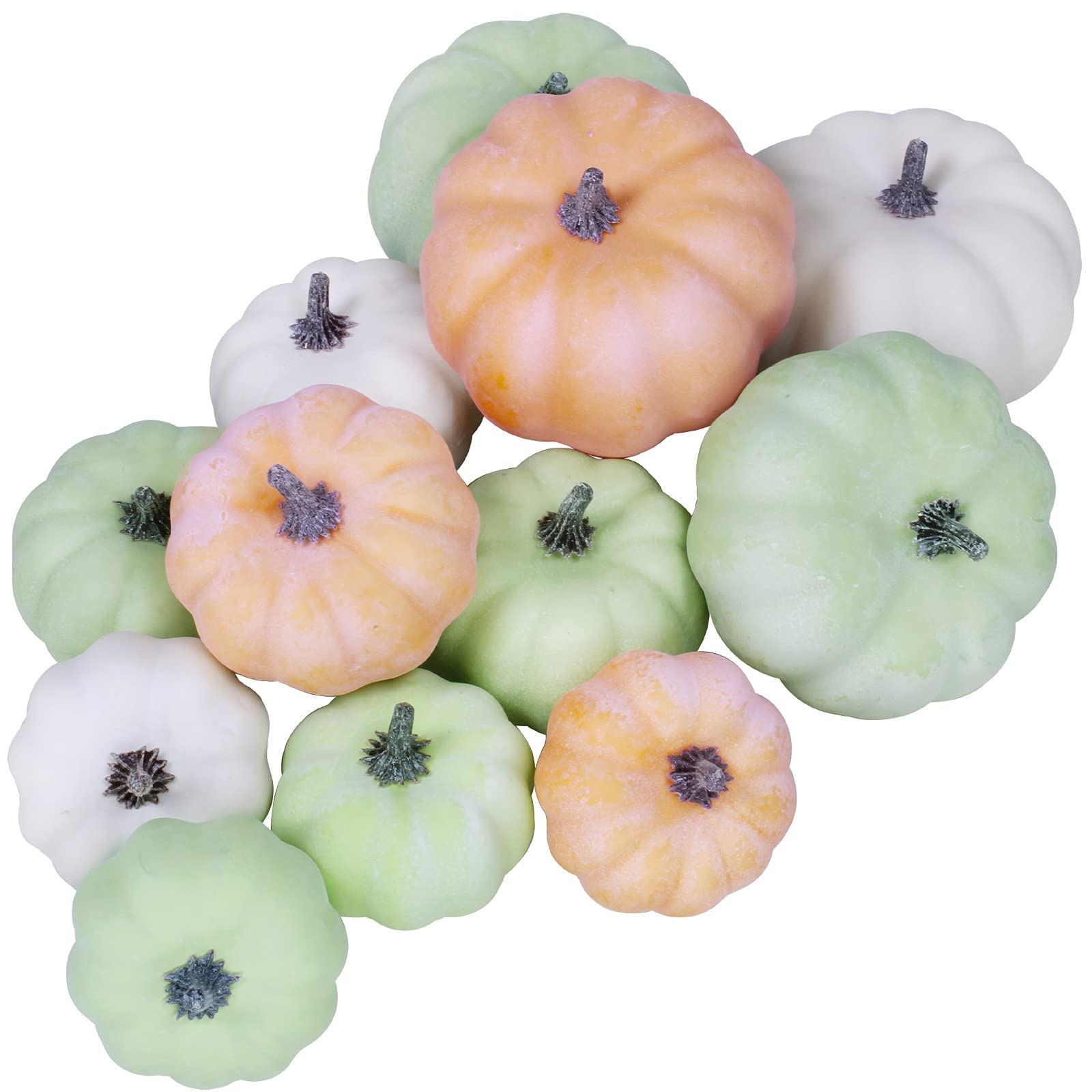 BESTTOYHOME 12 Pcs Assorted Small Frosted Artificial Pumpkins Foam Pumpkins Rustic Harvest Decorative Pumpkins in White Orange G