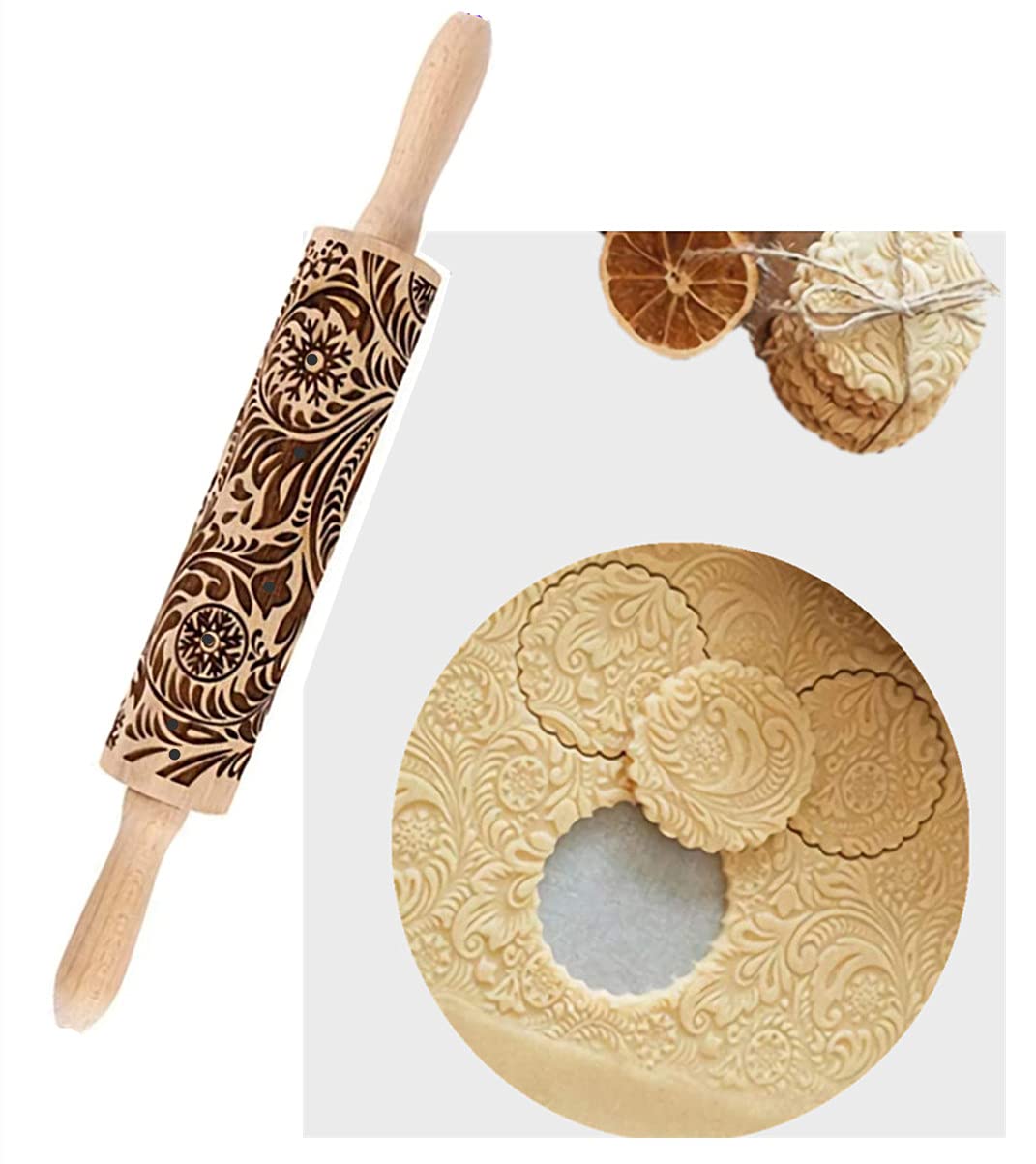 Mizorlie 14.9''Paisley Engraved Embossed Rolling Pin, Christmas Snowflake Flower Pattern, Wooden Laser Engraved 3D Rolling Pin F